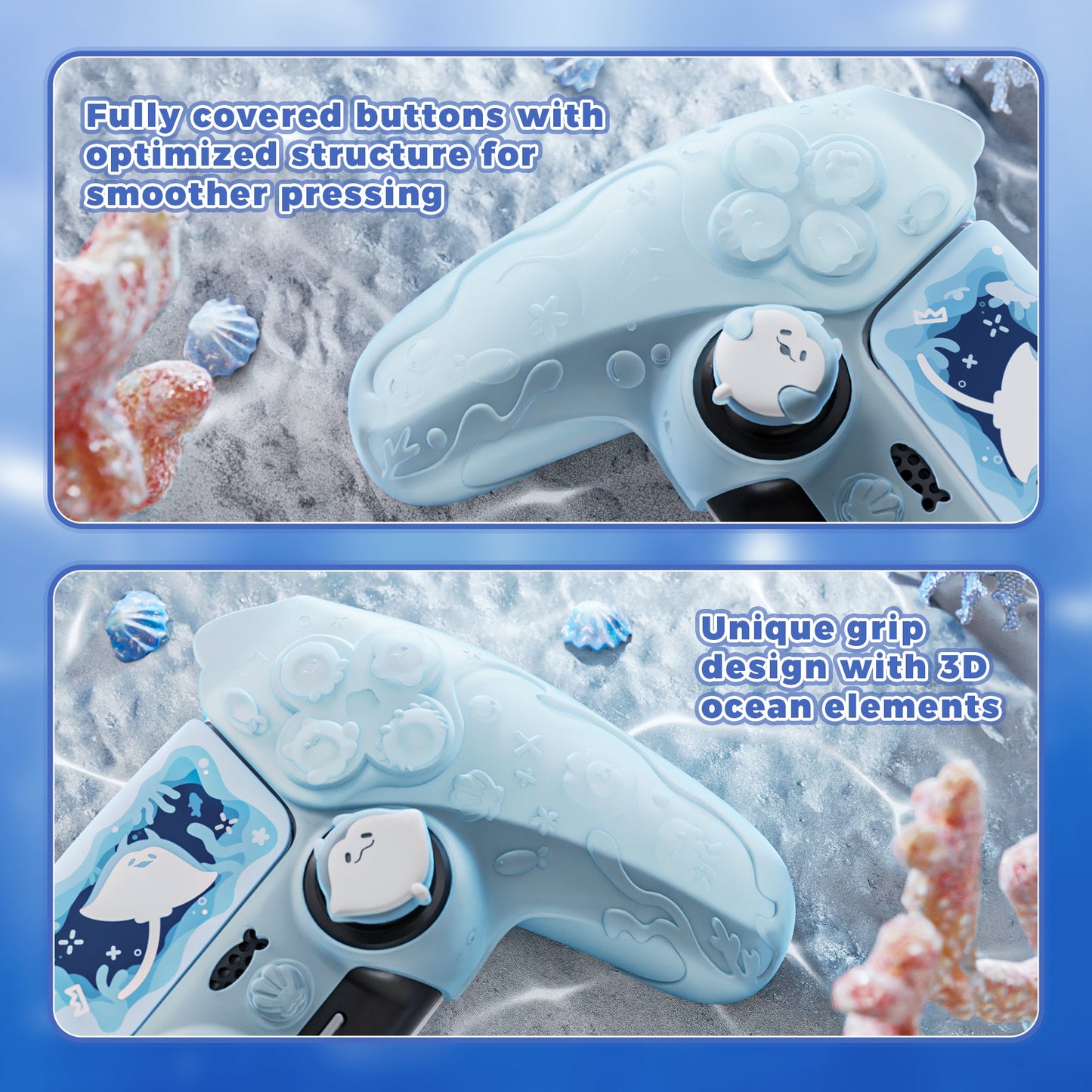 PlayVital Cute Ocean Whisper Series with Thumb Grip & Sticker Semi-Clear Silicone Case for PS5 Controller, Charging Station Compatible - Mint Blue PlayVital