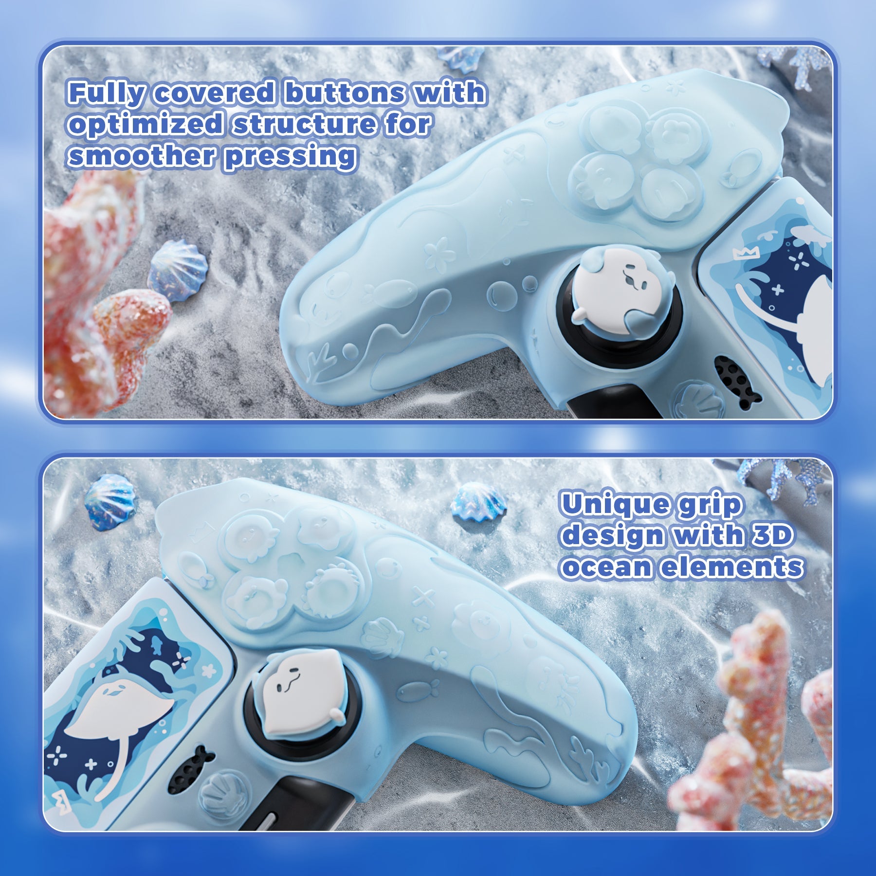 PlayVital Cute Ocean Whisper Series with Thumb Grip & Sticker Semi-Clear Silicone Case for PS5 Controller, Charging Station Compatible - Mint Blue PlayVital