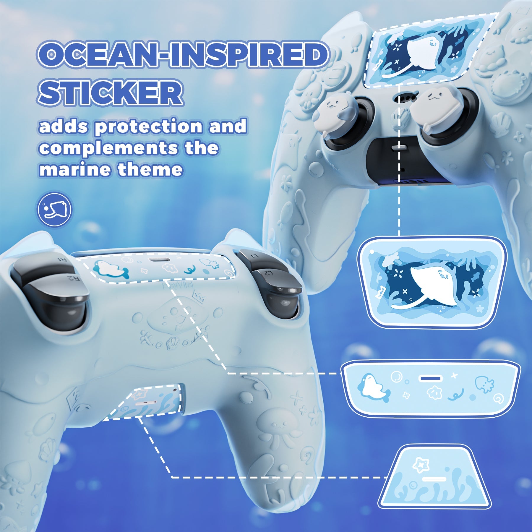 PlayVital Cute Ocean Whisper Series with Thumb Grip & Sticker Semi-Clear Silicone Case for PS5 Controller, Charging Station Compatible - Mint Blue PlayVital