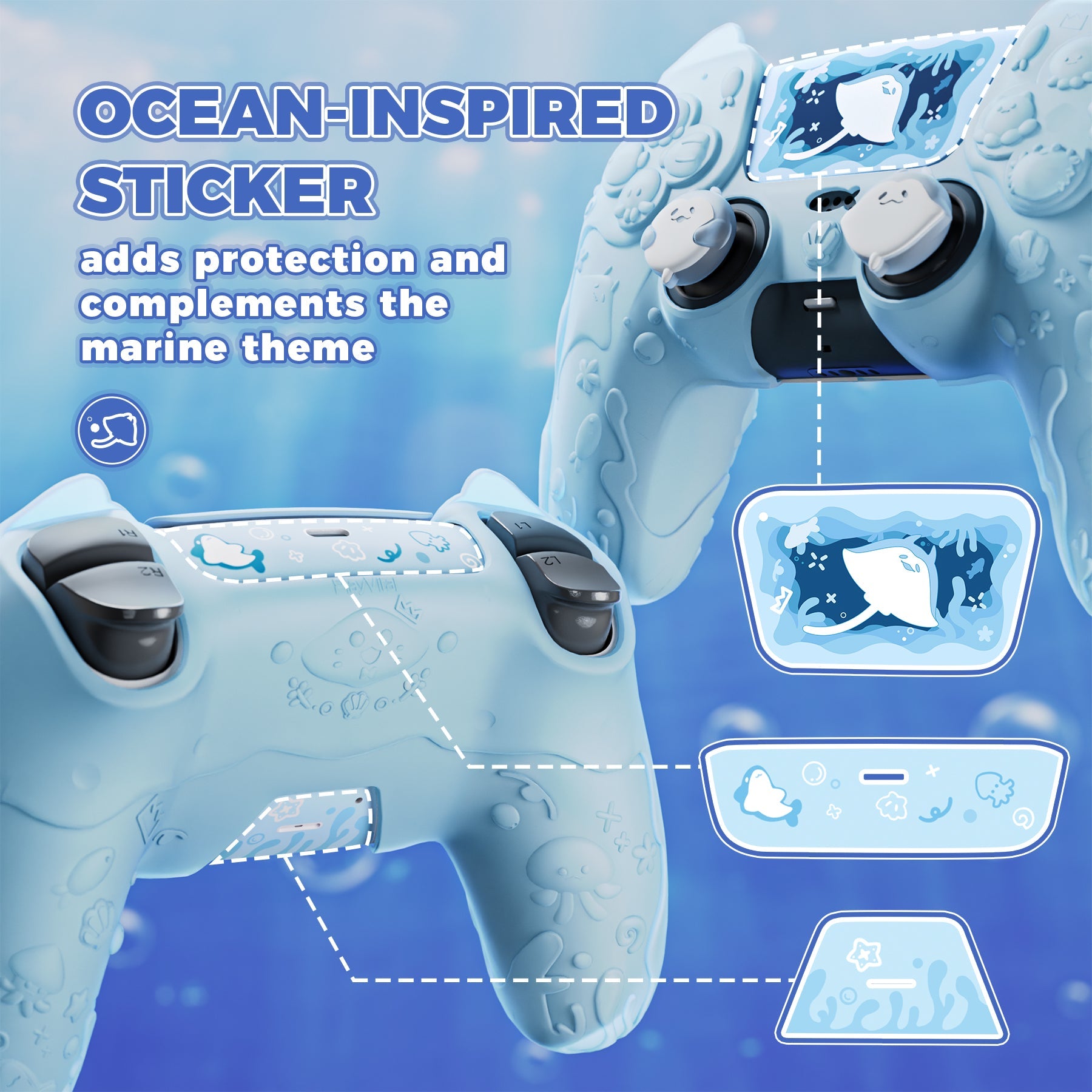 PlayVital Cute Ocean Whisper Series with Thumb Grip & Sticker Semi-Clear Silicone Case for PS5 Controller, Charging Station Compatible - Mint Blue PlayVital