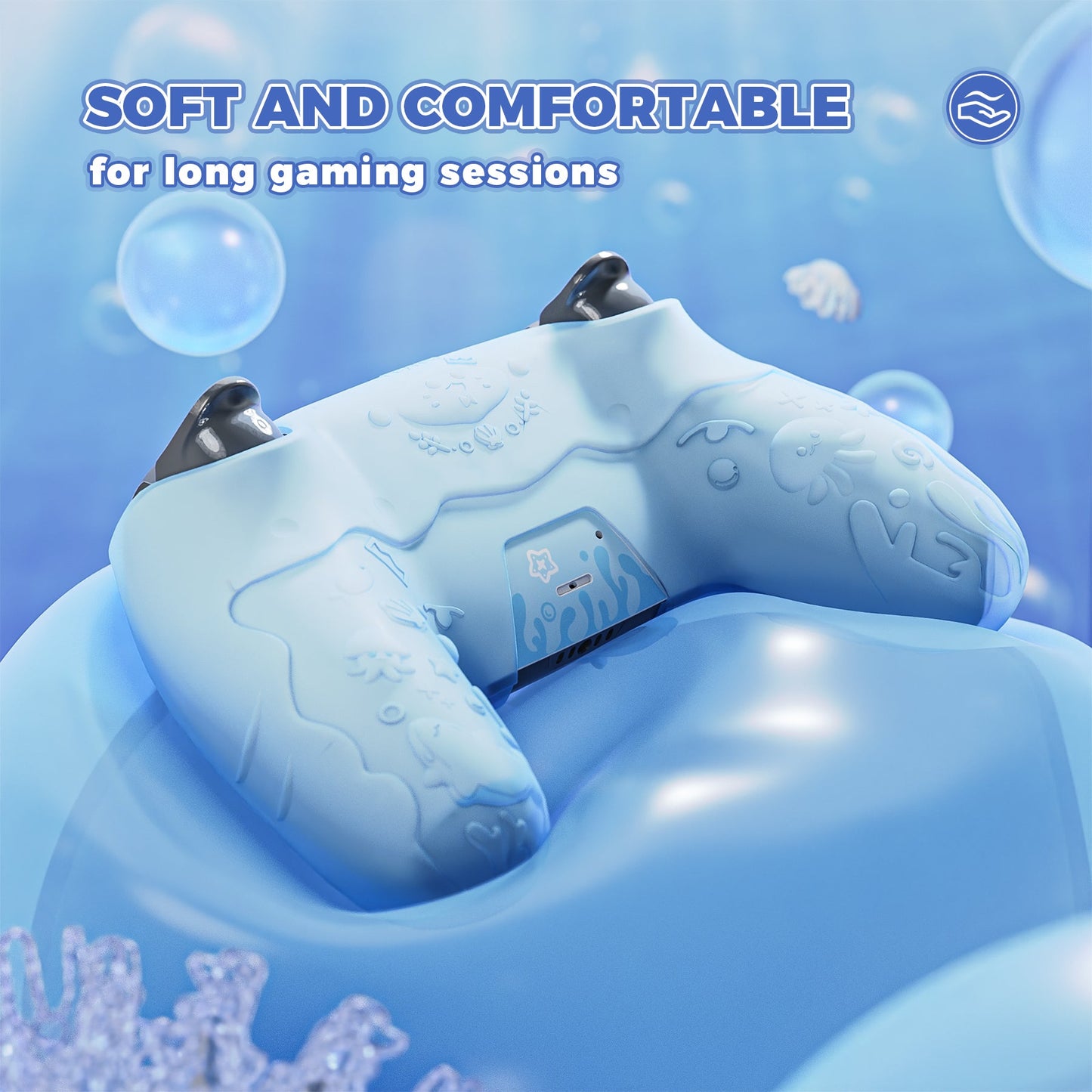 PlayVital Cute Ocean Whisper Series with Thumb Grip & Sticker Semi-Clear Silicone Case for PS5 Controller, Charging Station Compatible - Mint Blue PlayVital