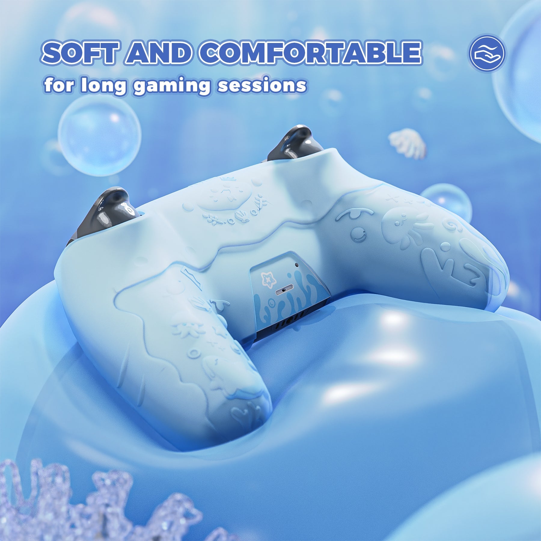 PlayVital Cute Ocean Whisper Series with Thumb Grip & Sticker Semi-Clear Silicone Case for PS5 Controller, Charging Station Compatible - Mint Blue PlayVital