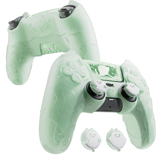 PlayVital Cute Ocean Whisper Series with Thumb Grip & Sticker Semi-Clear Silicone Case for PS5 Controller, Charging Station Compatible - Pastel Green PlayVital