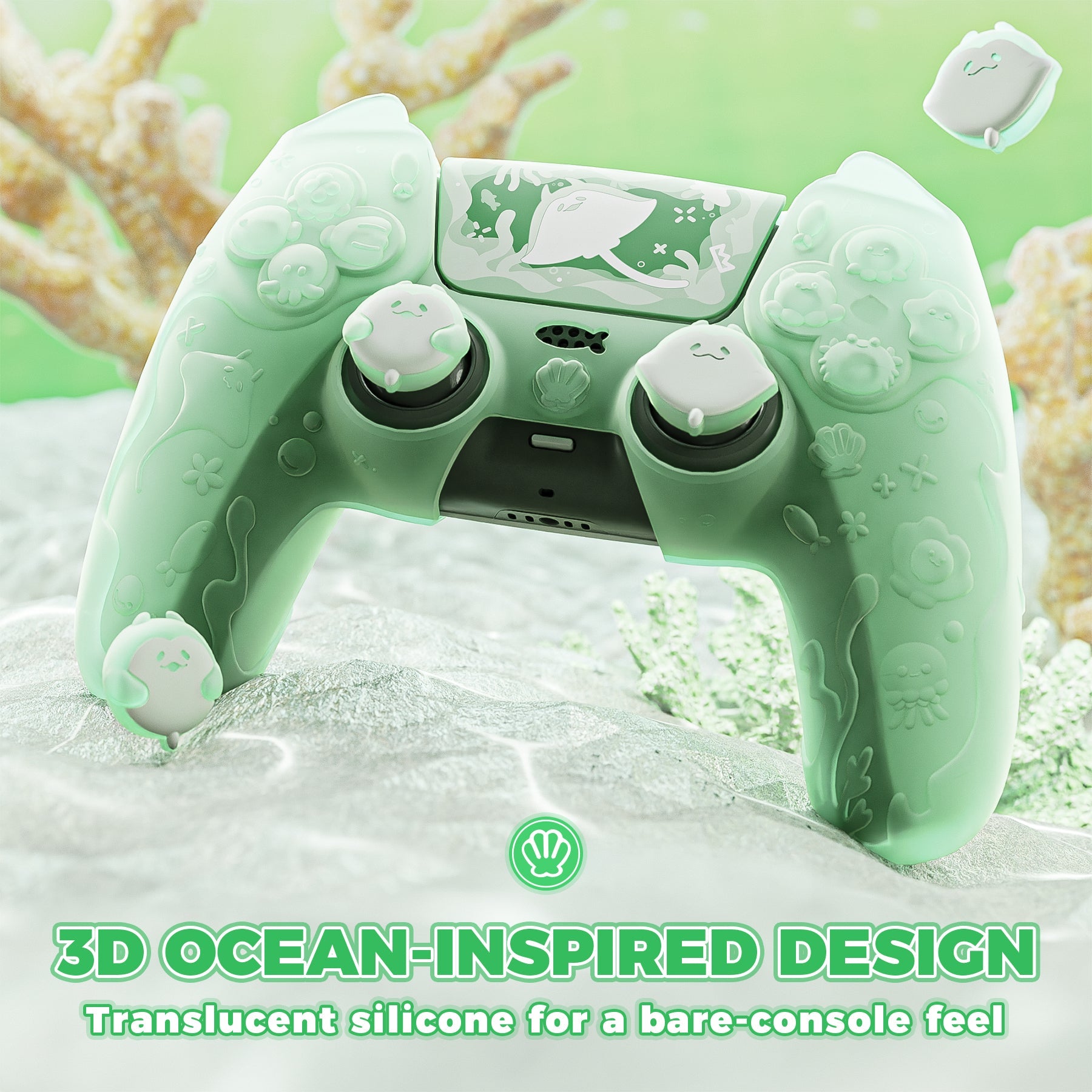 PlayVital Cute Ocean Whisper Series with Thumb Grip & Sticker Semi-Clear Silicone Case for PS5 Controller, Charging Station Compatible - Pastel Green PlayVital