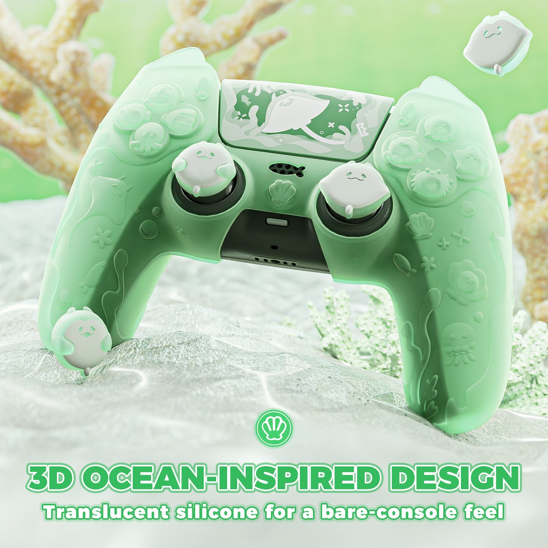 PlayVital Cute Ocean Whisper Series with Thumb Grip & Sticker Semi-Clear Silicone Case for PS5 Controller, Charging Station Compatible - Pastel Green PlayVital