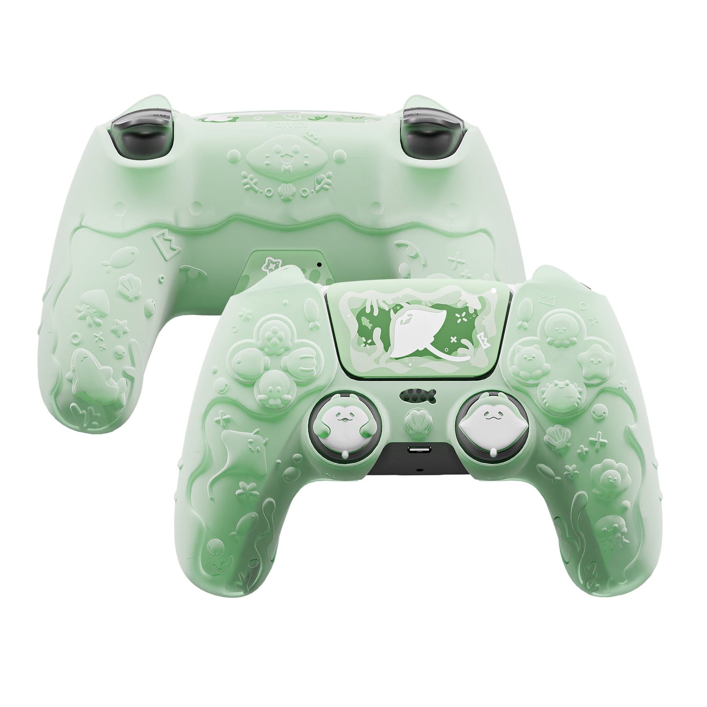 PlayVital Cute Ocean Whisper Series with Thumb Grip & Sticker Semi-Clear Silicone Case for PS5 Controller, Charging Station Compatible - Pastel Green PlayVital