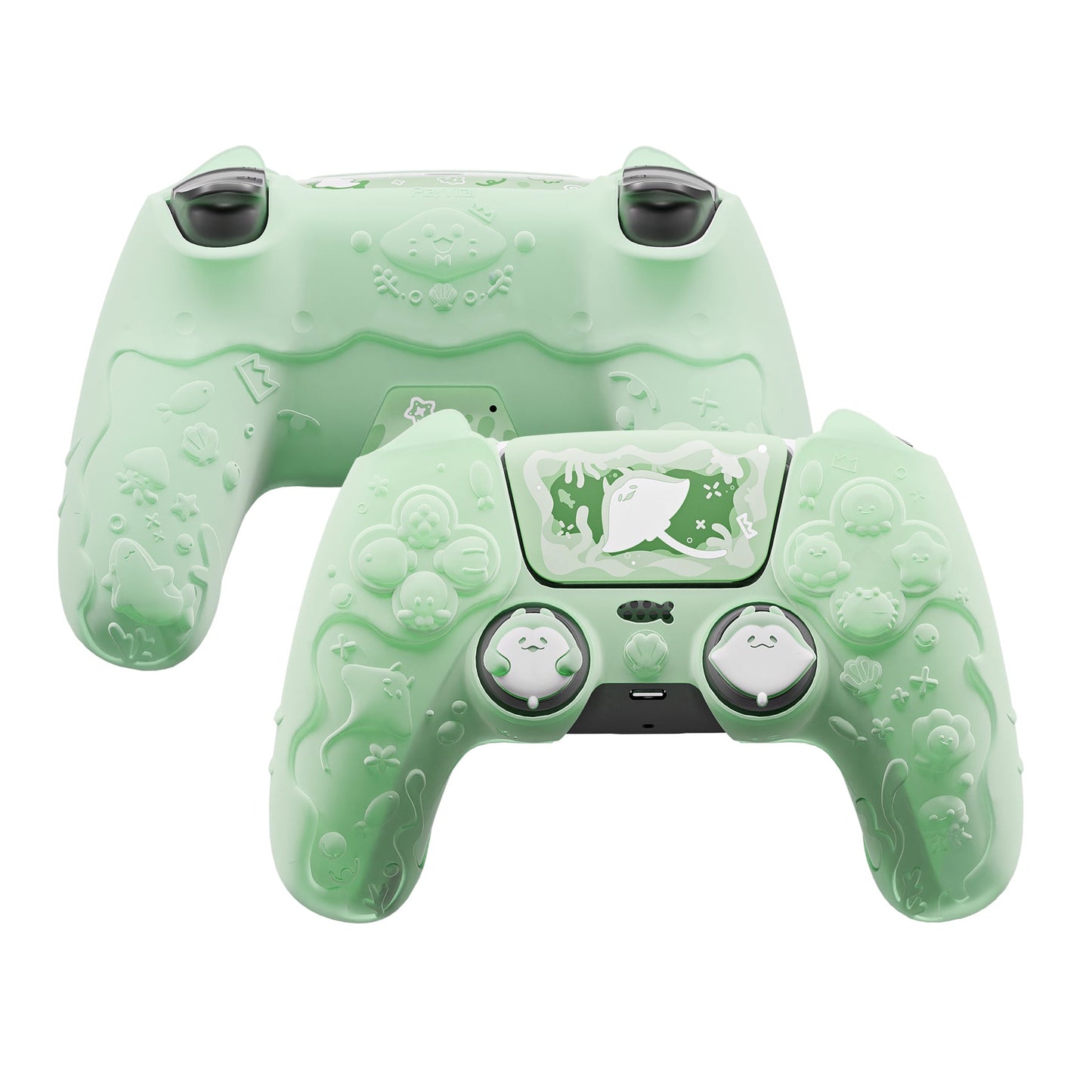 PlayVital Cute Ocean Whisper Series with Thumb Grip & Sticker Semi-Clear Silicone Case for PS5 Controller, Charging Station Compatible - Pastel Green PlayVital