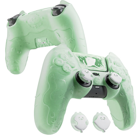 PlayVital Cute Ocean Whisper Series with Thumb Grip & Sticker Semi-Clear Silicone Case for PS5 Controller, Charging Station Compatible - Pastel Green PlayVital