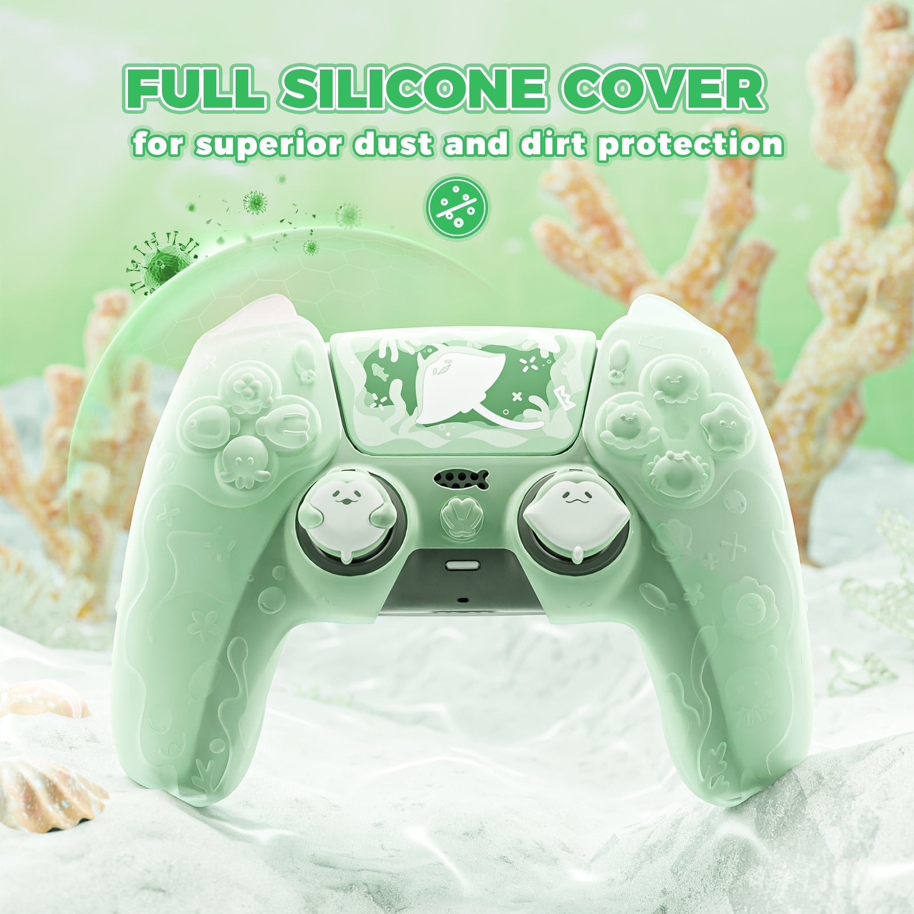 PlayVital Cute Ocean Whisper Series with Thumb Grip & Sticker Semi-Clear Silicone Case for PS5 Controller, Charging Station Compatible - Pastel Green PlayVital