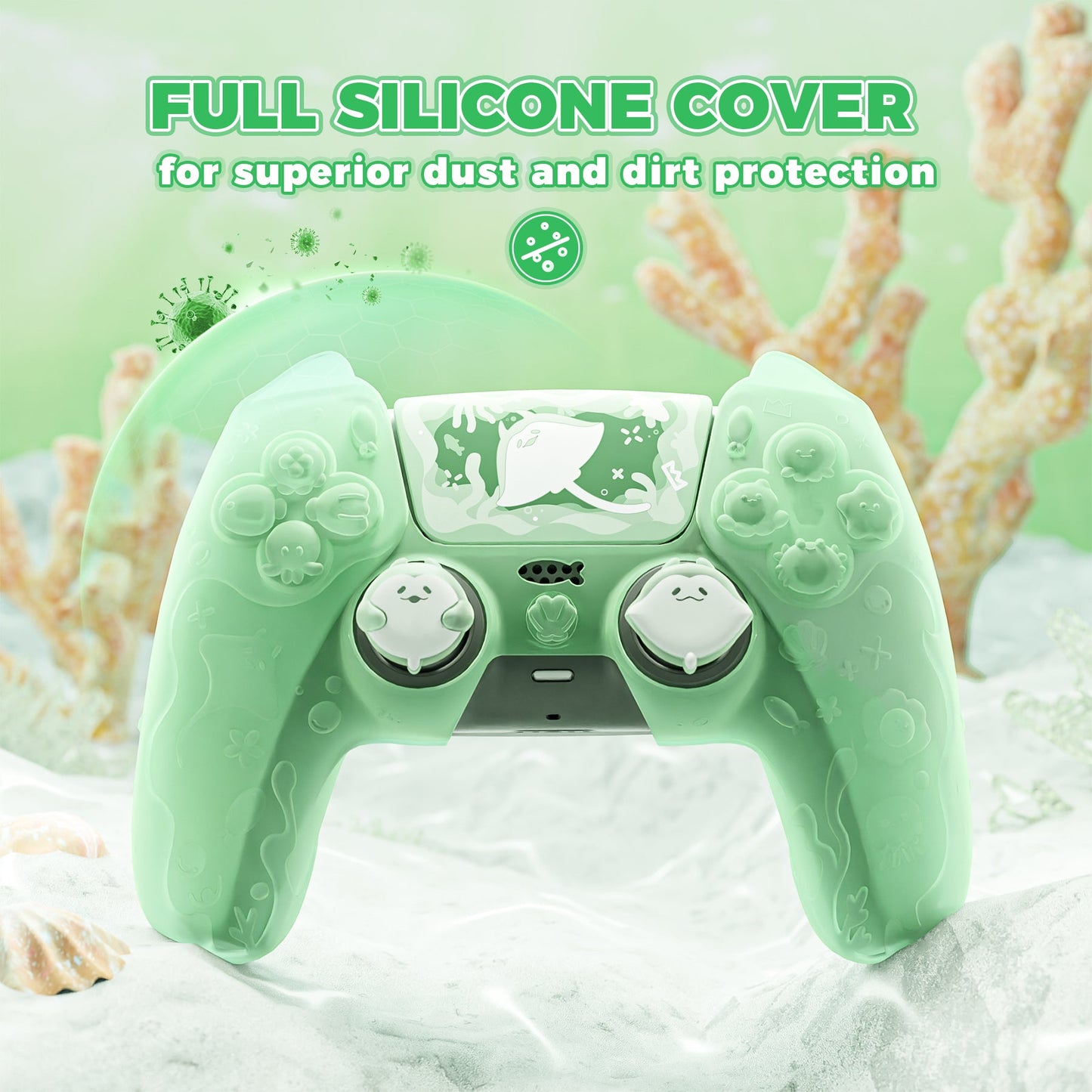 PlayVital Cute Ocean Whisper Series with Thumb Grip & Sticker Semi-Clear Silicone Case for PS5 Controller, Charging Station Compatible - Pastel Green PlayVital