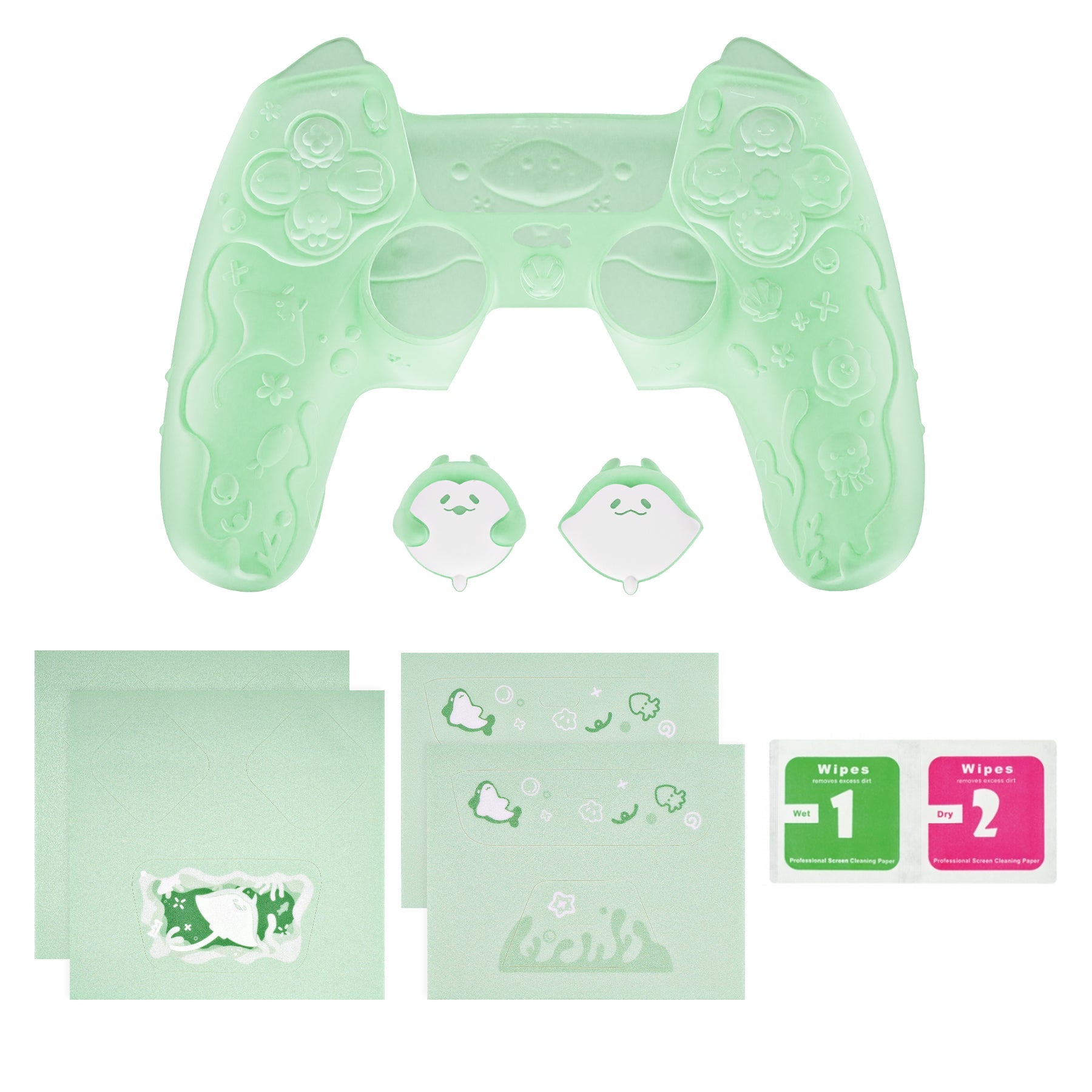PlayVital Cute Ocean Whisper Series with Thumb Grip & Sticker Semi-Clear Silicone Case for PS5 Controller, Charging Station Compatible - Pastel Green PlayVital