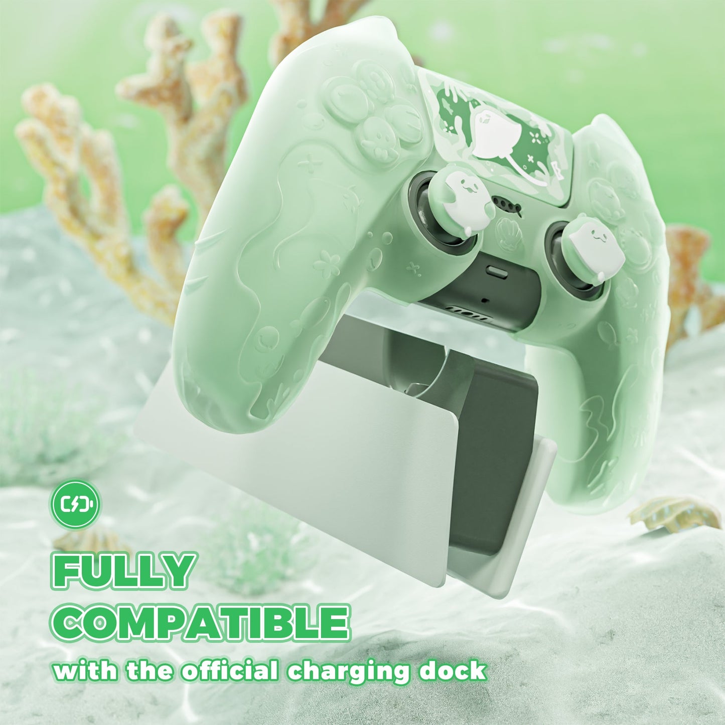 PlayVital Cute Ocean Whisper Series with Thumb Grip & Sticker Semi-Clear Silicone Case for PS5 Controller, Charging Station Compatible - Pastel Green PlayVital