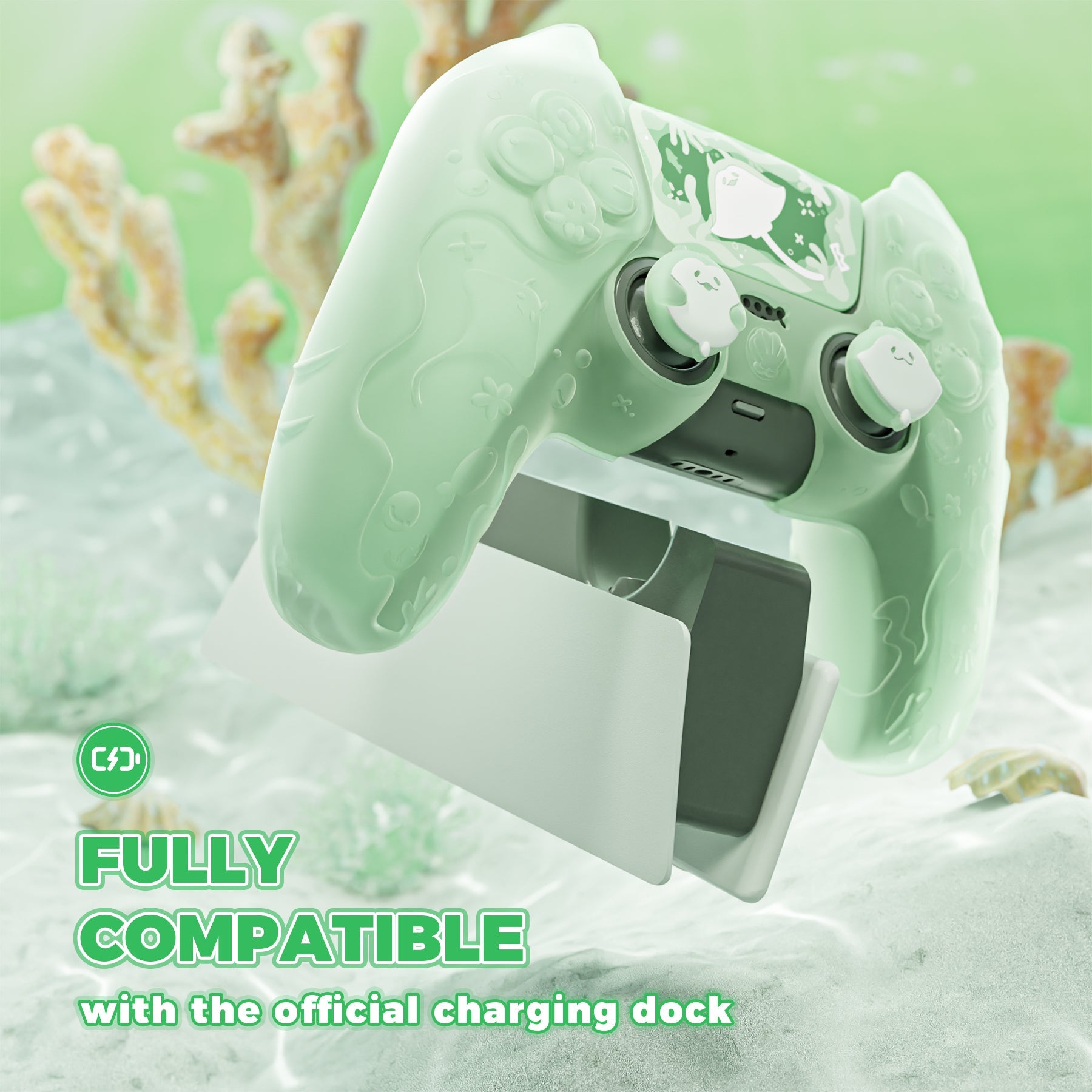 PlayVital Cute Ocean Whisper Series with Thumb Grip & Sticker Semi-Clear Silicone Case for PS5 Controller, Charging Station Compatible - Pastel Green PlayVital