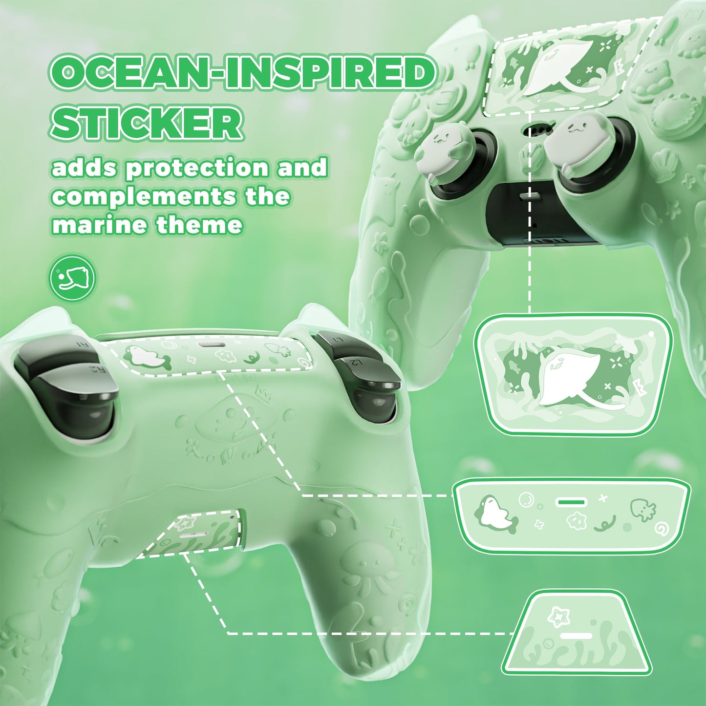 PlayVital Cute Ocean Whisper Series with Thumb Grip & Sticker Semi-Clear Silicone Case for PS5 Controller, Charging Station Compatible - Pastel Green PlayVital