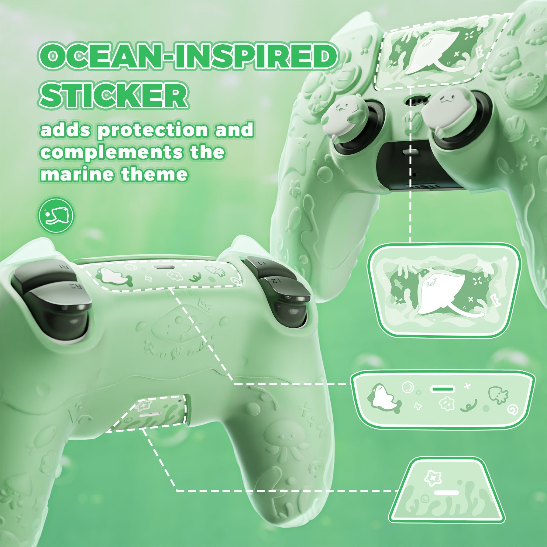 PlayVital Cute Ocean Whisper Series with Thumb Grip & Sticker Semi-Clear Silicone Case for PS5 Controller, Charging Station Compatible - Pastel Green PlayVital