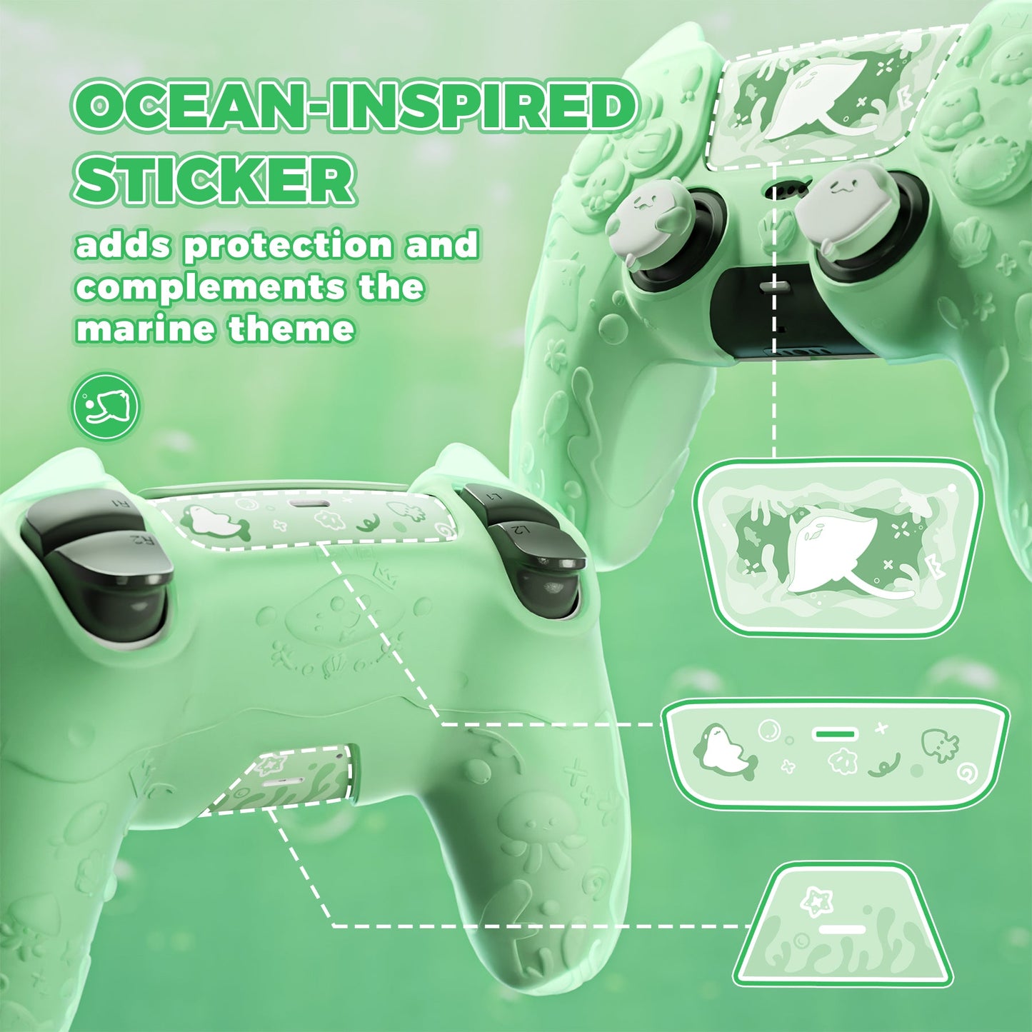 PlayVital Cute Ocean Whisper Series with Thumb Grip & Sticker Semi-Clear Silicone Case for PS5 Controller, Charging Station Compatible - Pastel Green PlayVital