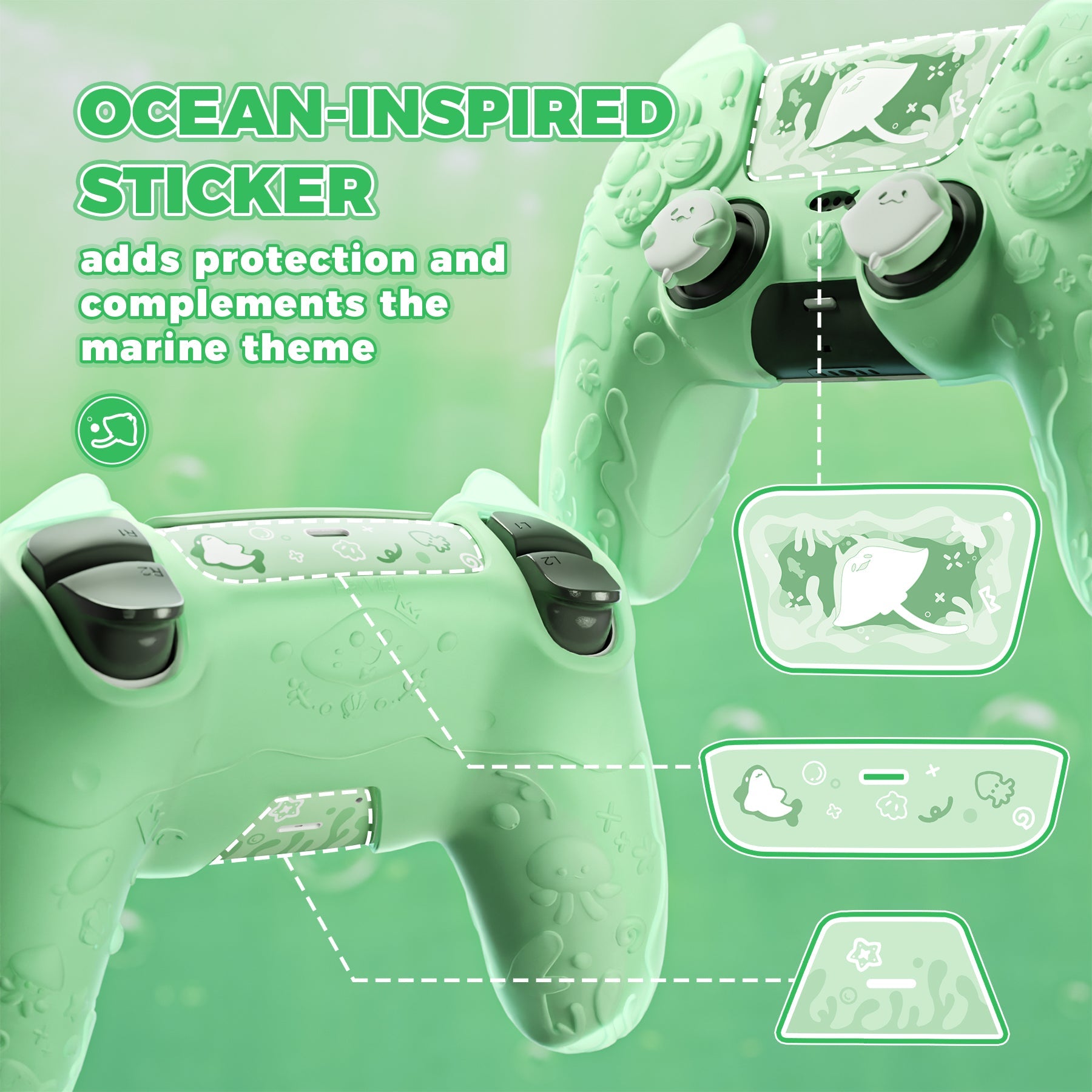 PlayVital Cute Ocean Whisper Series with Thumb Grip & Sticker Semi-Clear Silicone Case for PS5 Controller, Charging Station Compatible - Pastel Green PlayVital