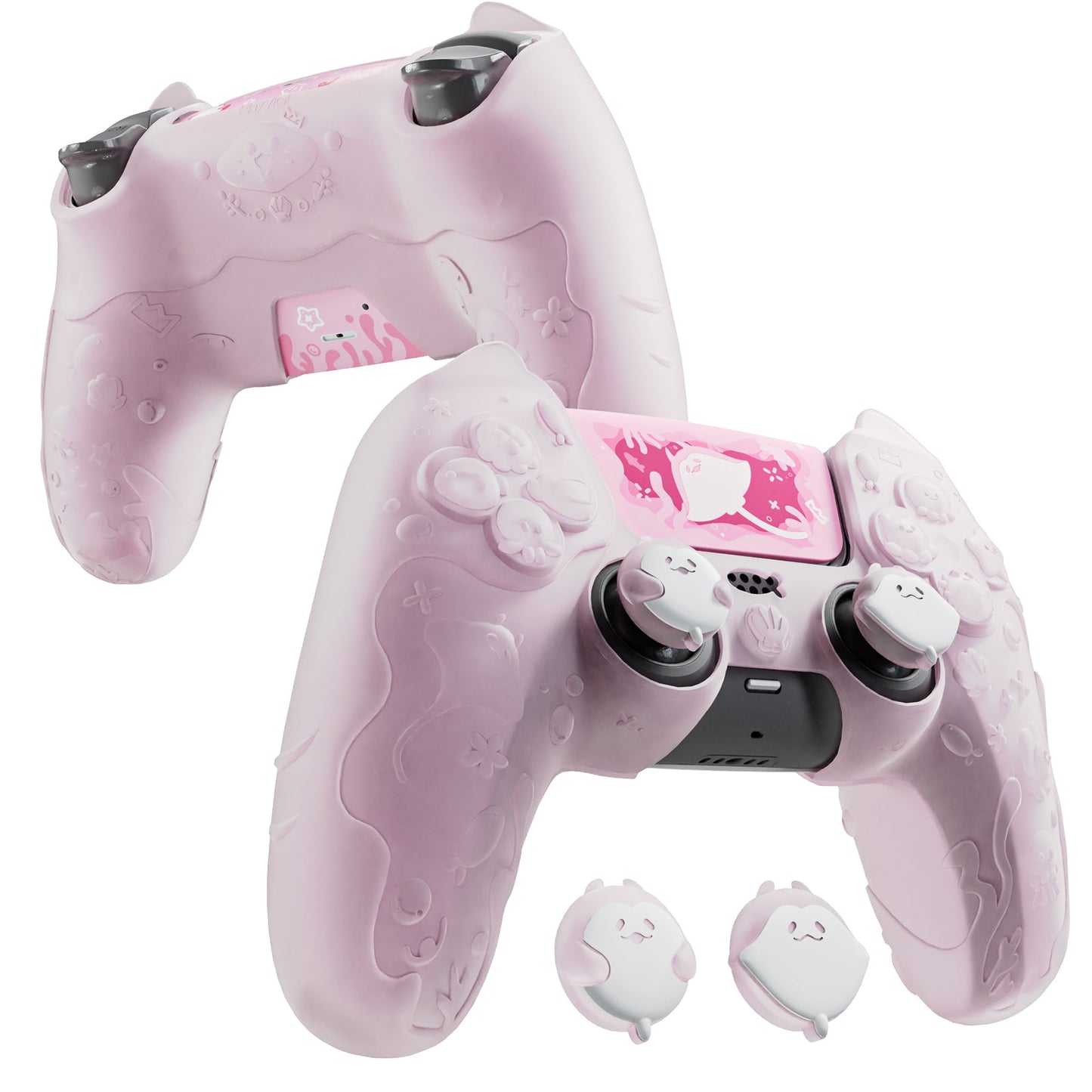 PlayVital Cute Ocean Whisper Series with Thumb Grip & Sticker Semi-Clear Silicone Case for PS5 Controller, Charging Station Compatible - Peach Pink PlayVital