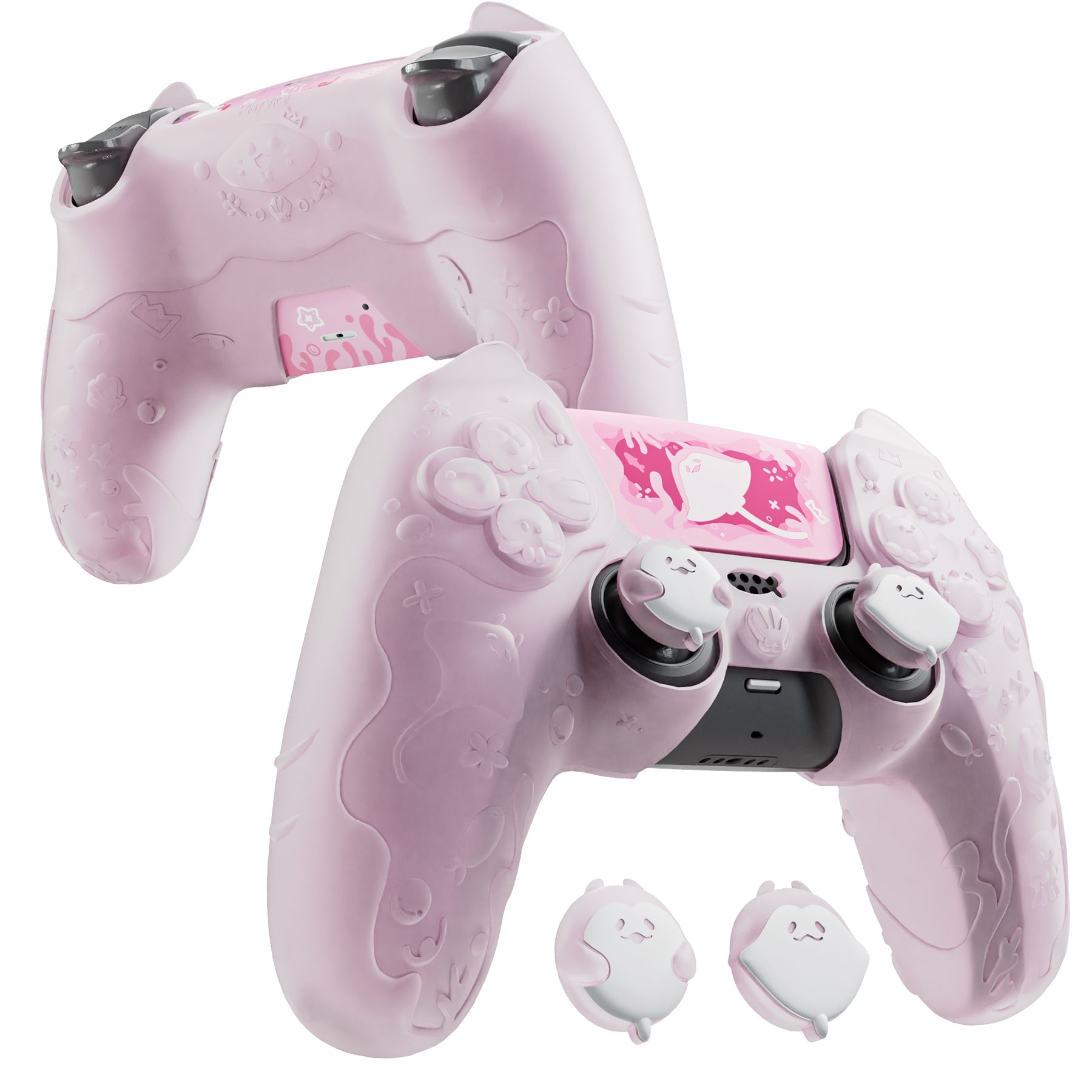 PlayVital Cute Ocean Whisper Series with Thumb Grip & Sticker Semi-Clear Silicone Case for PS5 Controller, Charging Station Compatible - Peach Pink PlayVital