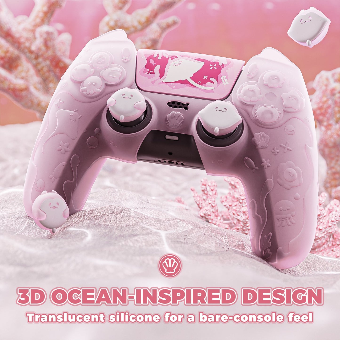 PlayVital Cute Ocean Whisper Series with Thumb Grip & Sticker Semi-Clear Silicone Case for PS5 Controller, Charging Station Compatible - Peach Pink PlayVital