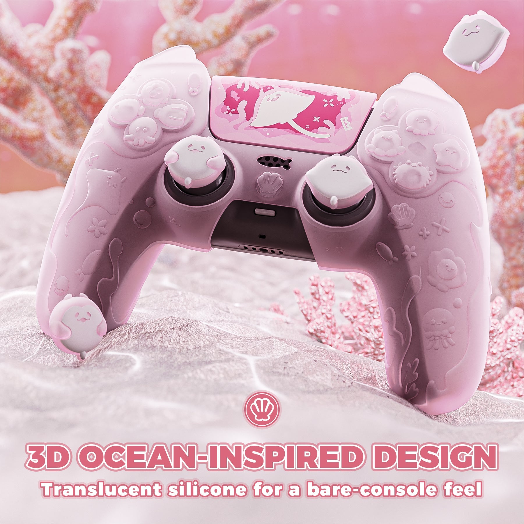 PlayVital Cute Ocean Whisper Series with Thumb Grip & Sticker Semi-Clear Silicone Case for PS5 Controller, Charging Station Compatible - Peach Pink PlayVital