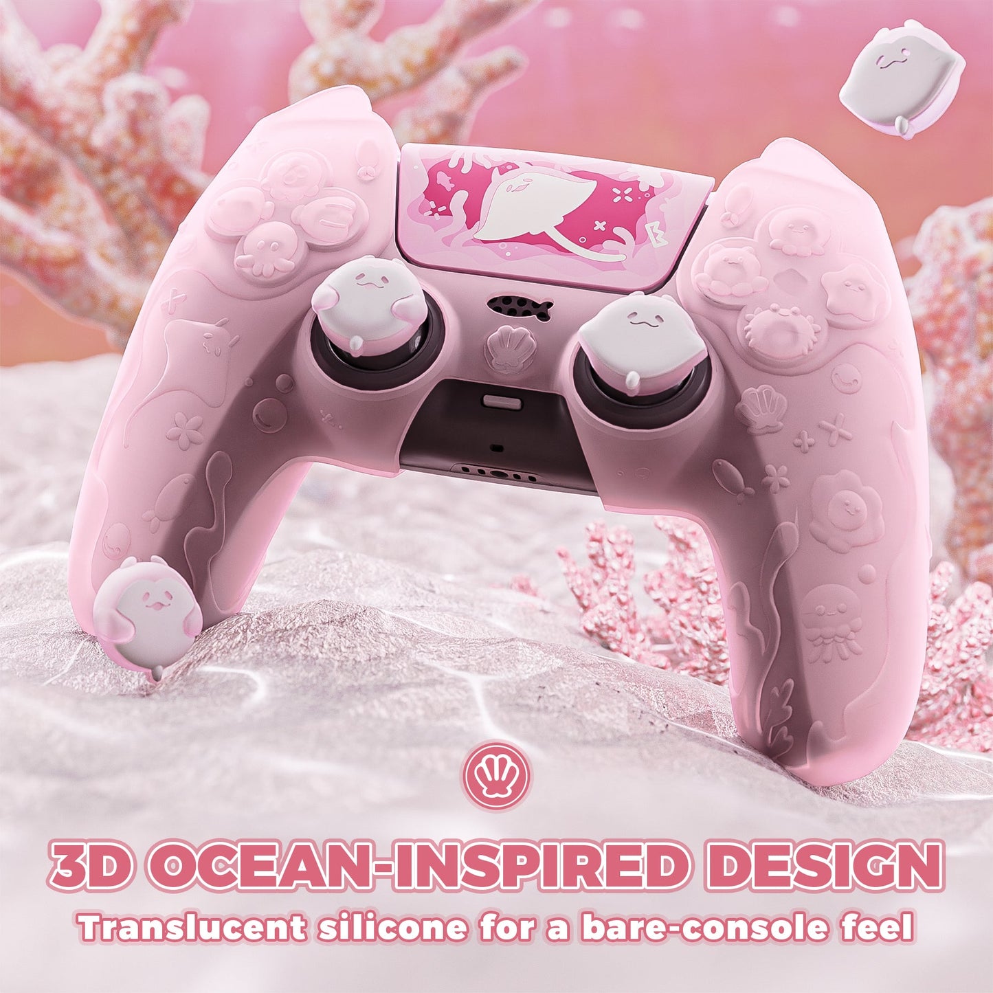 PlayVital Cute Ocean Whisper Series with Thumb Grip & Sticker Semi-Clear Silicone Case for PS5 Controller, Charging Station Compatible - Peach Pink PlayVital