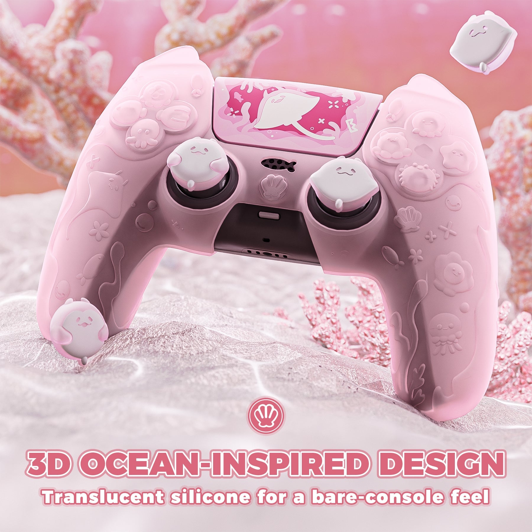 PlayVital Cute Ocean Whisper Series with Thumb Grip & Sticker Semi-Clear Silicone Case for PS5 Controller, Charging Station Compatible - Peach Pink PlayVital