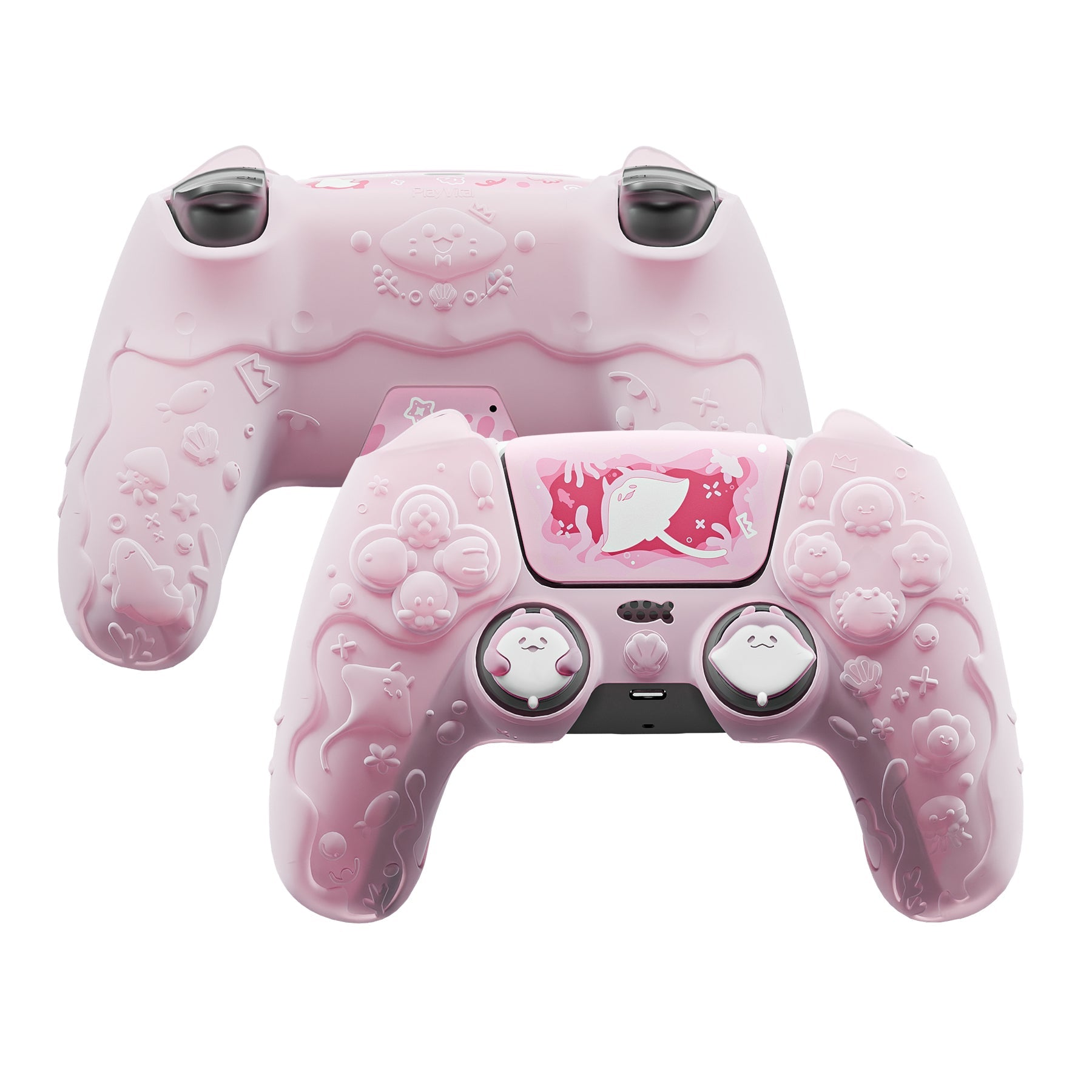 PlayVital Cute Ocean Whisper Series with Thumb Grip & Sticker Semi-Clear Silicone Case for PS5 Controller, Charging Station Compatible - Peach Pink PlayVital