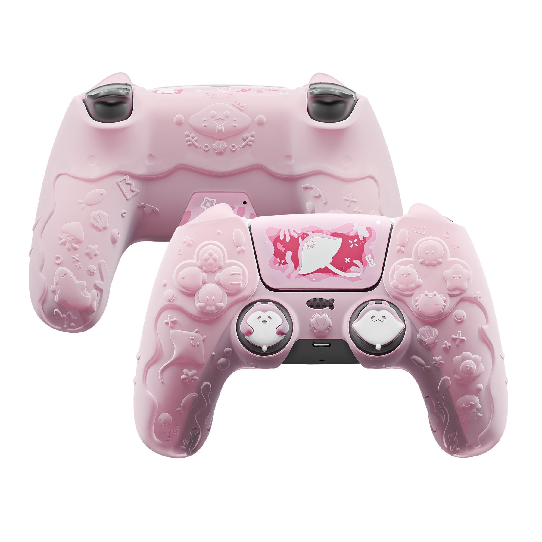 PlayVital Cute Ocean Whisper Series with Thumb Grip & Sticker Semi-Clear Silicone Case for PS5 Controller, Charging Station Compatible - Peach Pink PlayVital