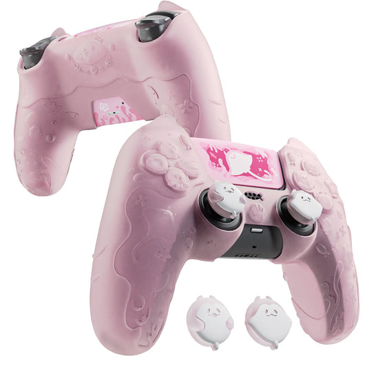 PlayVital Cute Ocean Whisper Series with Thumb Grip & Sticker Semi-Clear Silicone Case for PS5 Controller, Charging Station Compatible - Peach Pink PlayVital
