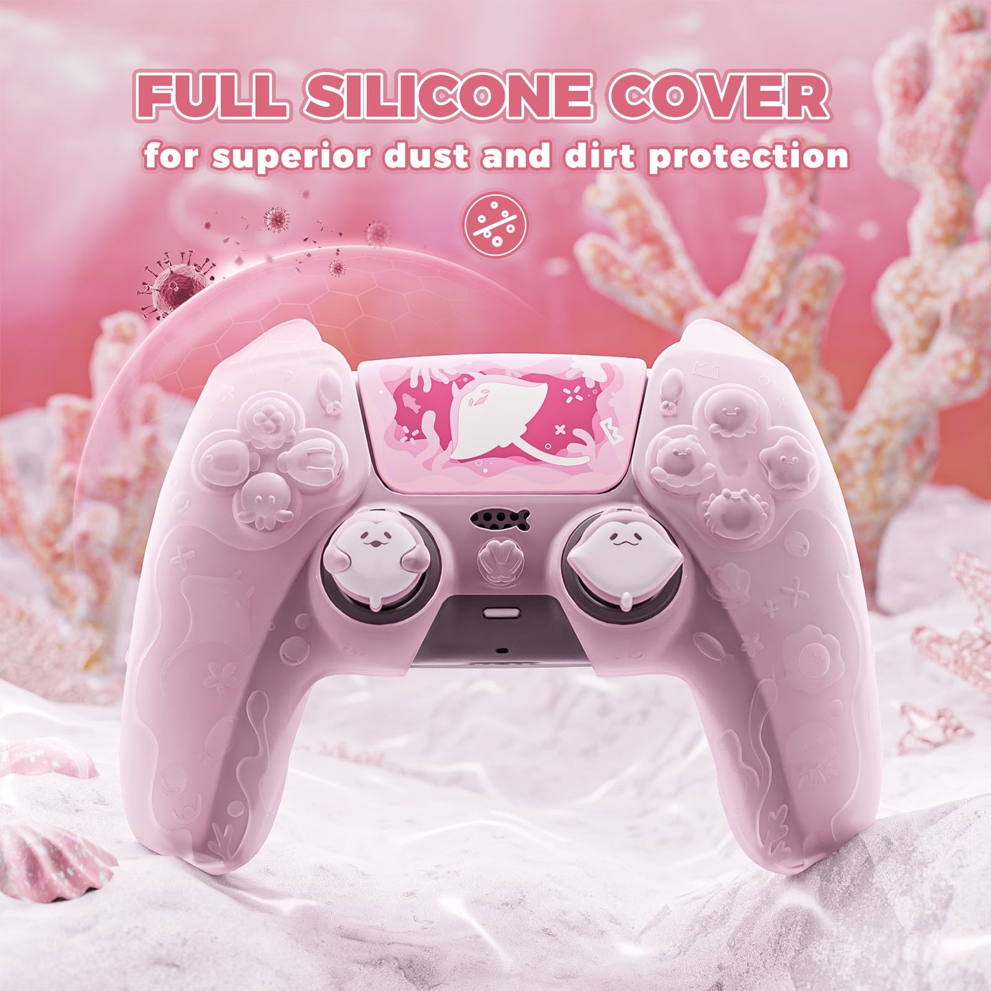 PlayVital Cute Ocean Whisper Series with Thumb Grip & Sticker Semi-Clear Silicone Case for PS5 Controller, Charging Station Compatible - Peach Pink PlayVital