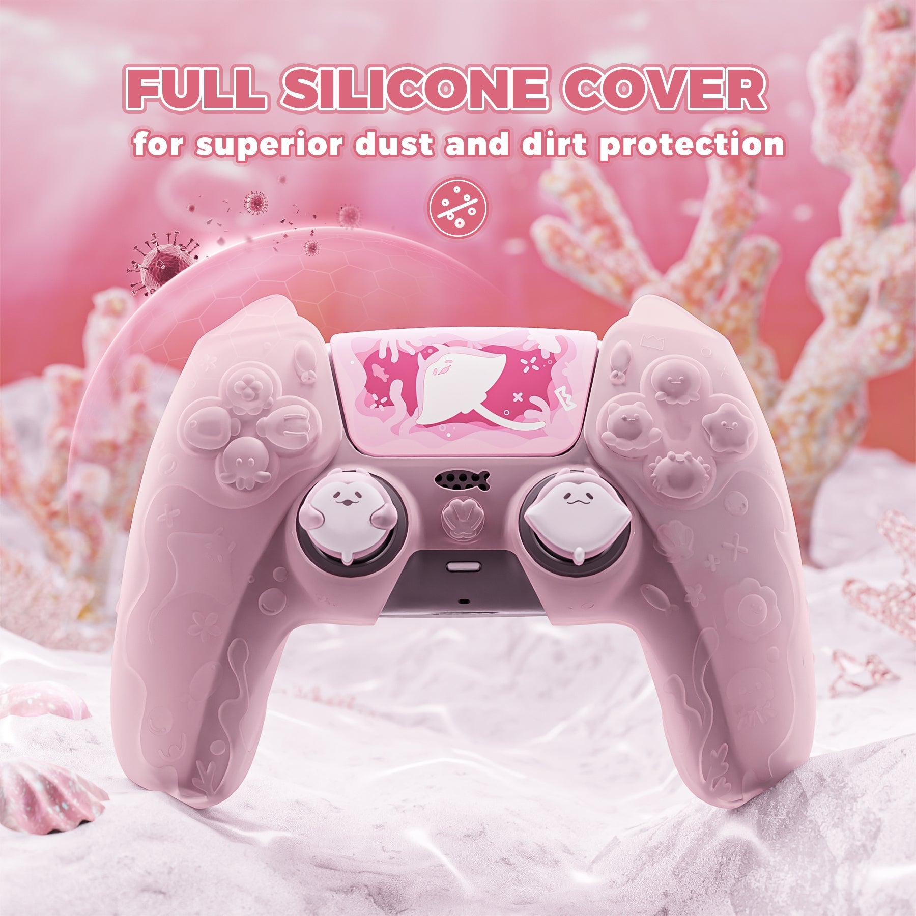 PlayVital Cute Ocean Whisper Series with Thumb Grip & Sticker Semi-Clear Silicone Case for PS5 Controller, Charging Station Compatible - Peach Pink PlayVital