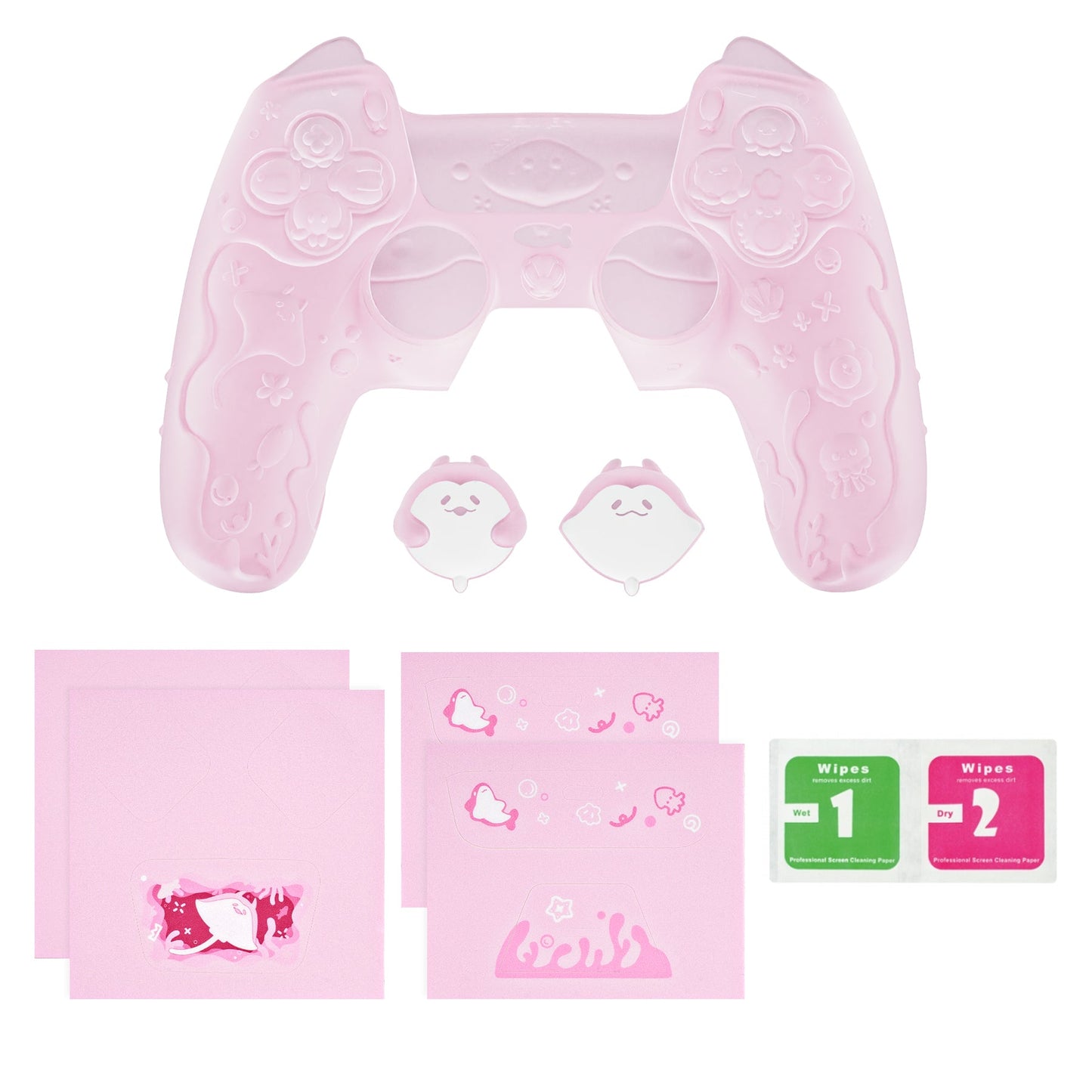PlayVital Cute Ocean Whisper Series with Thumb Grip & Sticker Semi-Clear Silicone Case for PS5 Controller, Charging Station Compatible - Peach Pink PlayVital