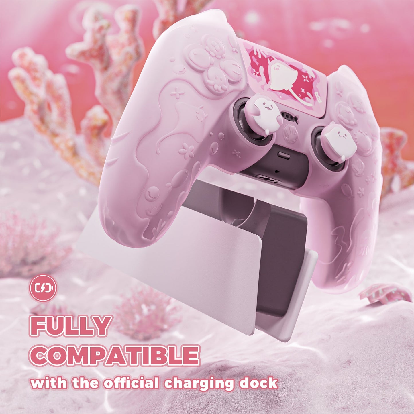 PlayVital Cute Ocean Whisper Series with Thumb Grip & Sticker Semi-Clear Silicone Case for PS5 Controller, Charging Station Compatible - Peach Pink PlayVital