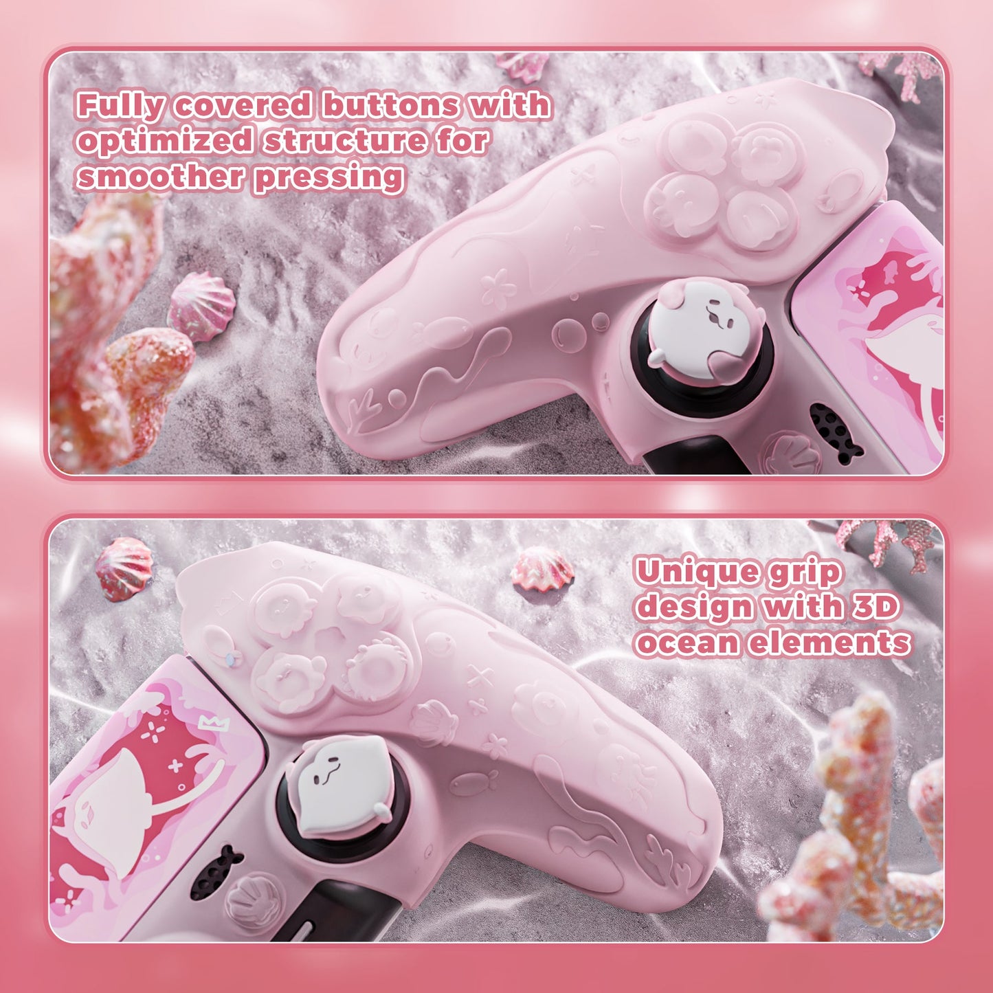PlayVital Cute Ocean Whisper Series with Thumb Grip & Sticker Semi-Clear Silicone Case for PS5 Controller, Charging Station Compatible - Peach Pink PlayVital