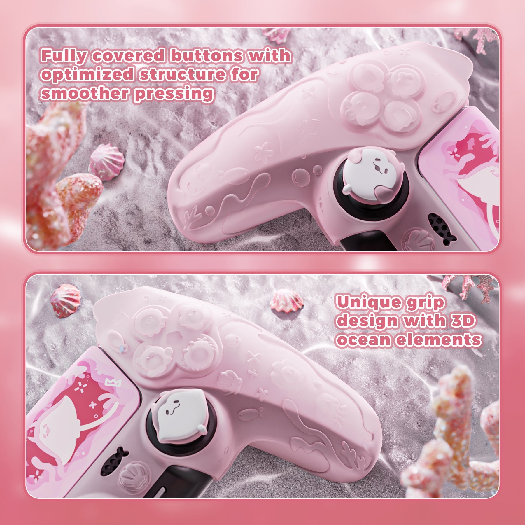 PlayVital Cute Ocean Whisper Series with Thumb Grip & Sticker Semi-Clear Silicone Case for PS5 Controller, Charging Station Compatible - Peach Pink PlayVital