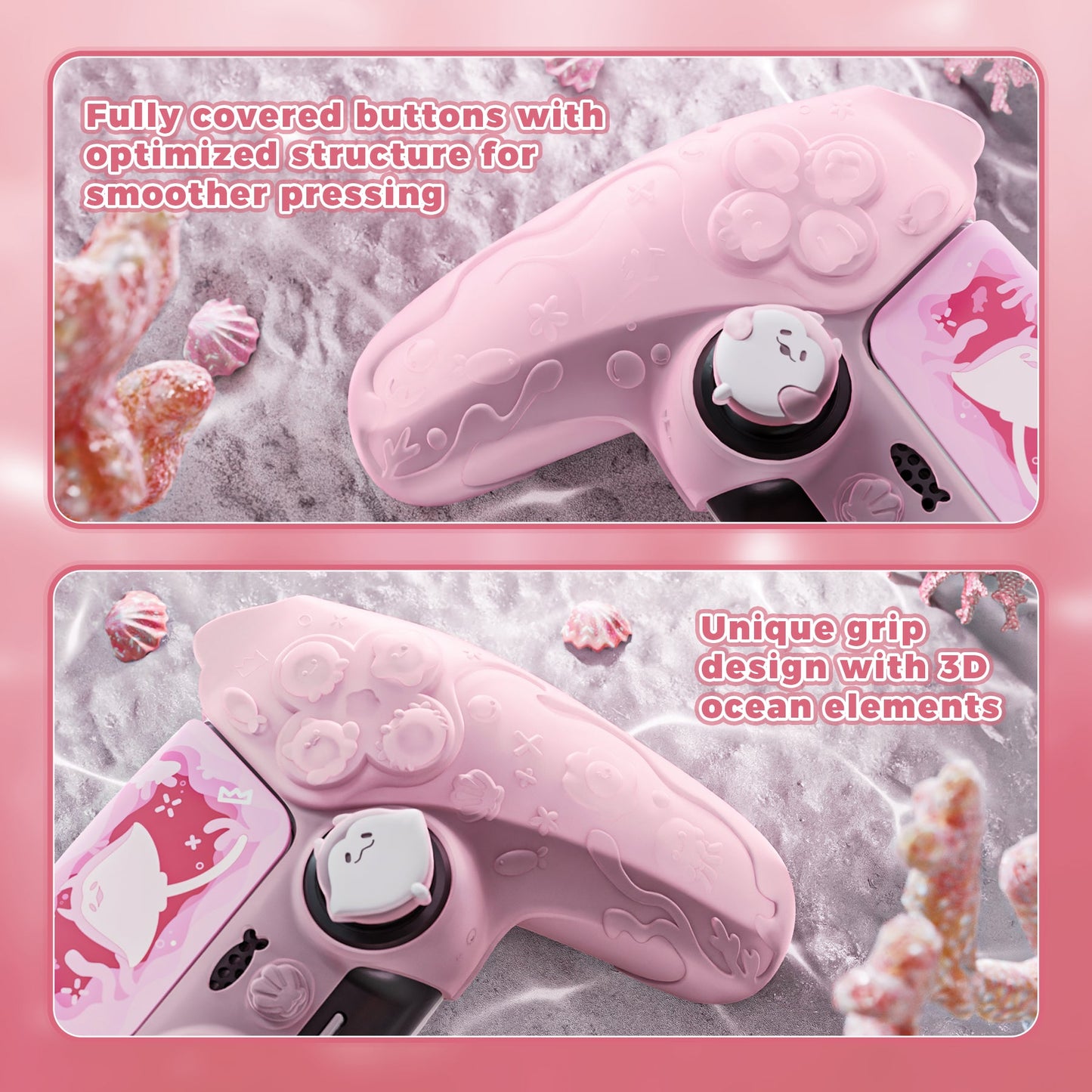 PlayVital Cute Ocean Whisper Series with Thumb Grip & Sticker Semi-Clear Silicone Case for PS5 Controller, Charging Station Compatible - Peach Pink PlayVital