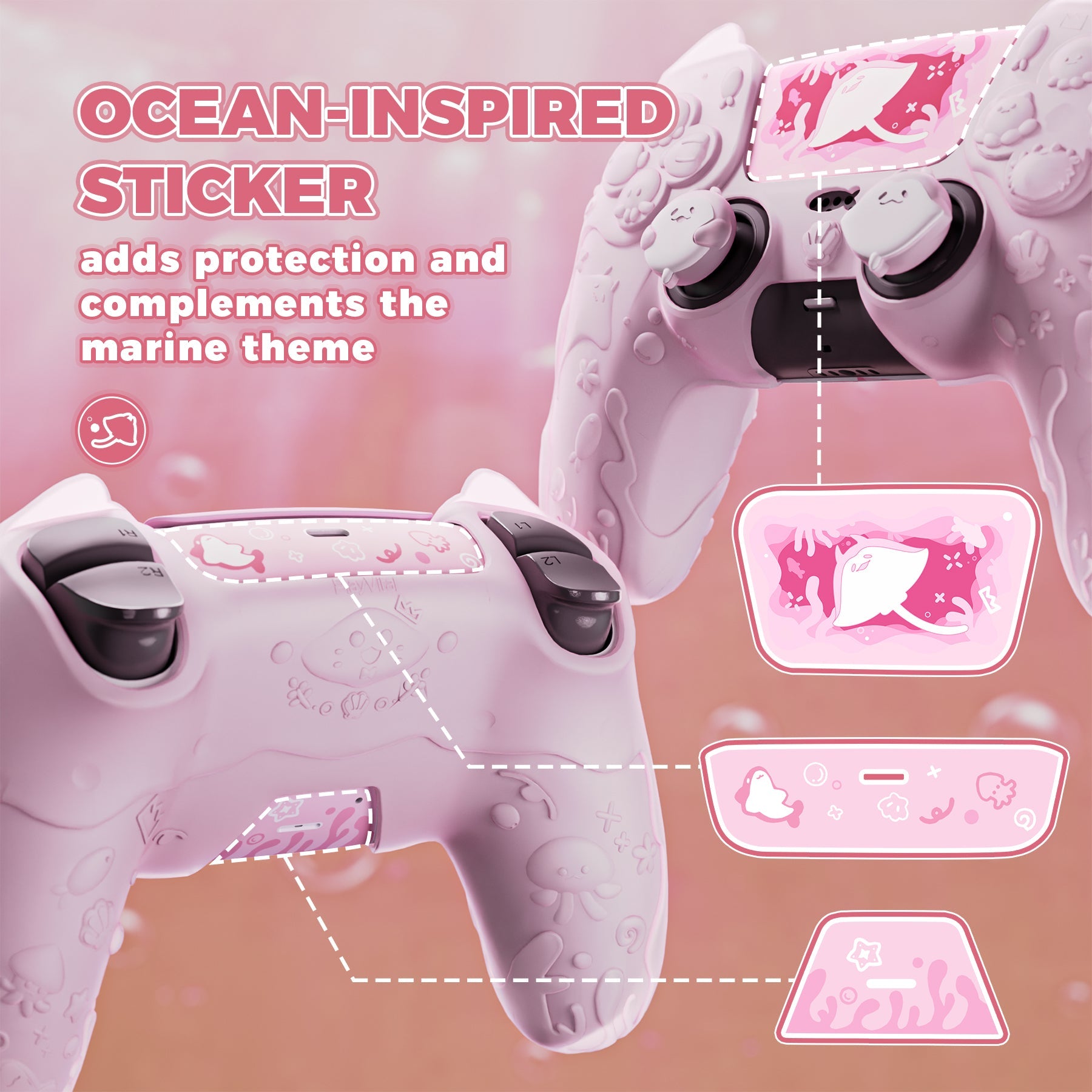 PlayVital Cute Ocean Whisper Series with Thumb Grip & Sticker Semi-Clear Silicone Case for PS5 Controller, Charging Station Compatible - Peach Pink PlayVital