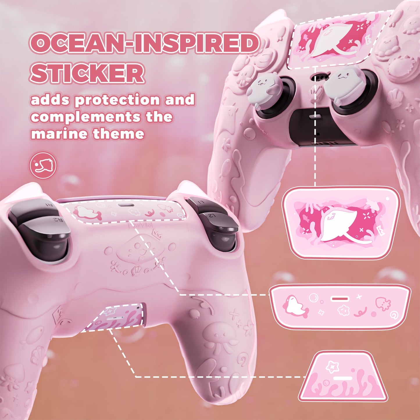 PlayVital Cute Ocean Whisper Series with Thumb Grip & Sticker Semi-Clear Silicone Case for PS5 Controller, Charging Station Compatible - Peach Pink PlayVital