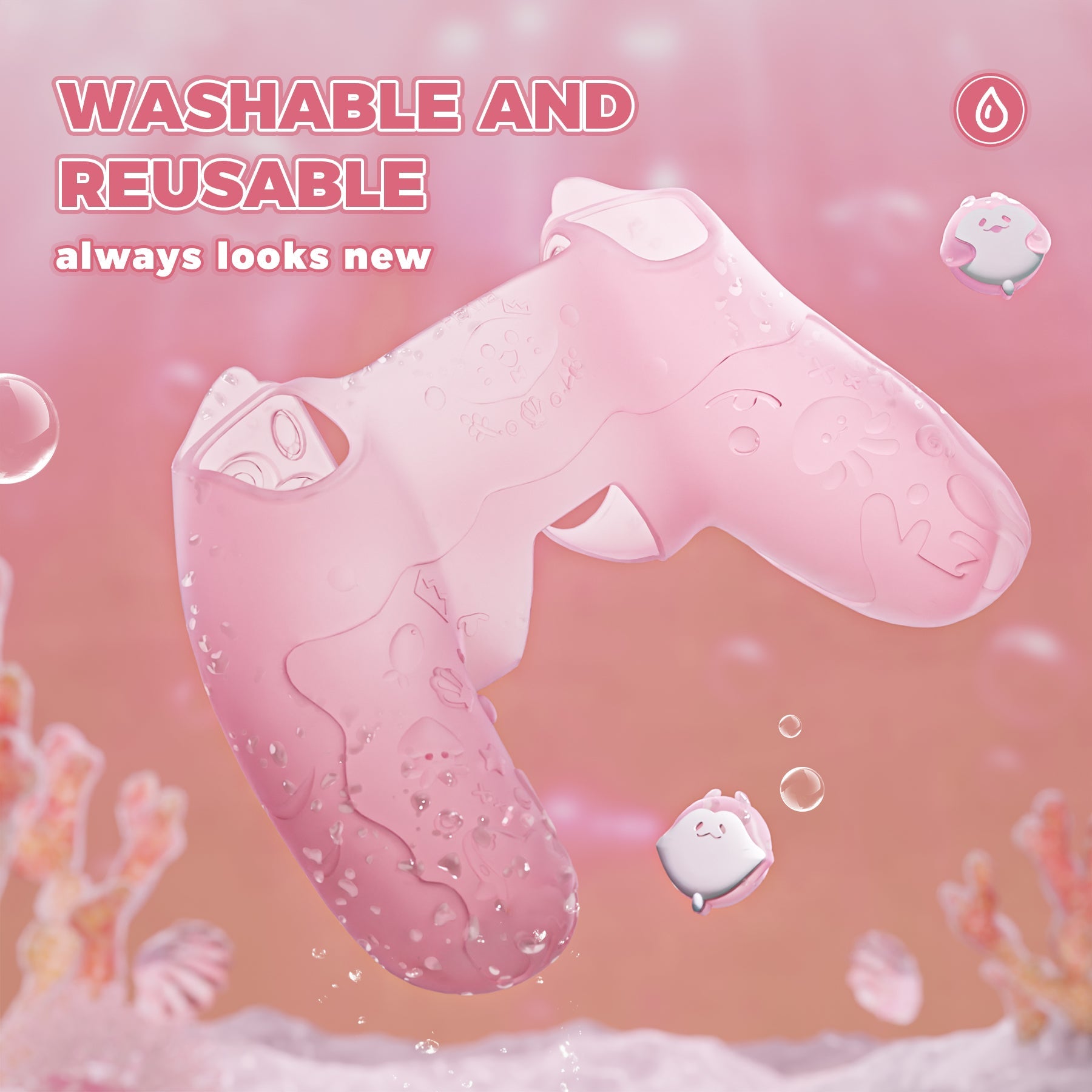 PlayVital Cute Ocean Whisper Series with Thumb Grip & Sticker Semi-Clear Silicone Case for PS5 Controller, Charging Station Compatible - Peach Pink PlayVital