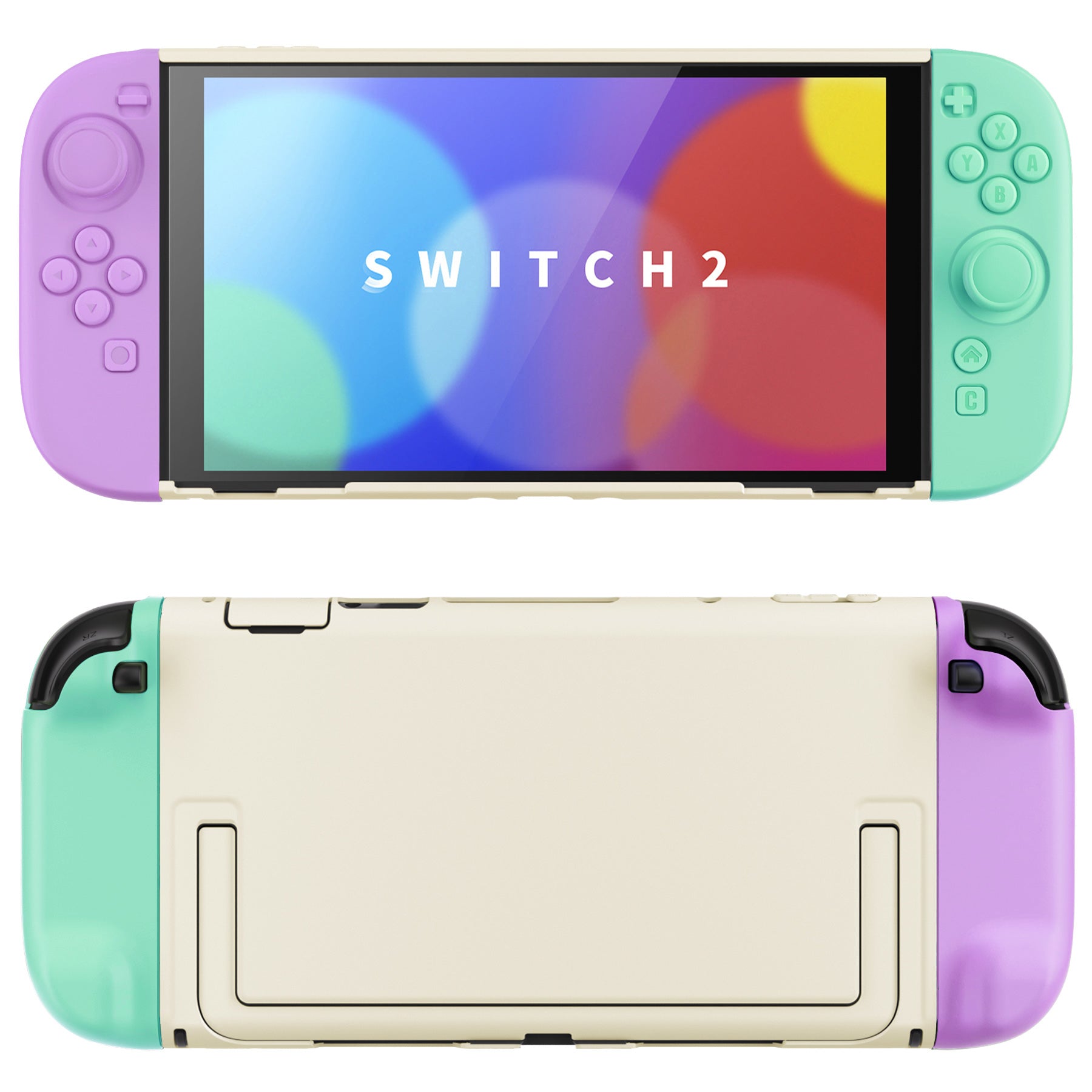 PlayVital Cute Solid-Color Dockable Hard Protective Case for Nintendo Switch 2 with Thumb Grip & Sticker & Button Caps - Soft Violet & Mint Green PlayVital