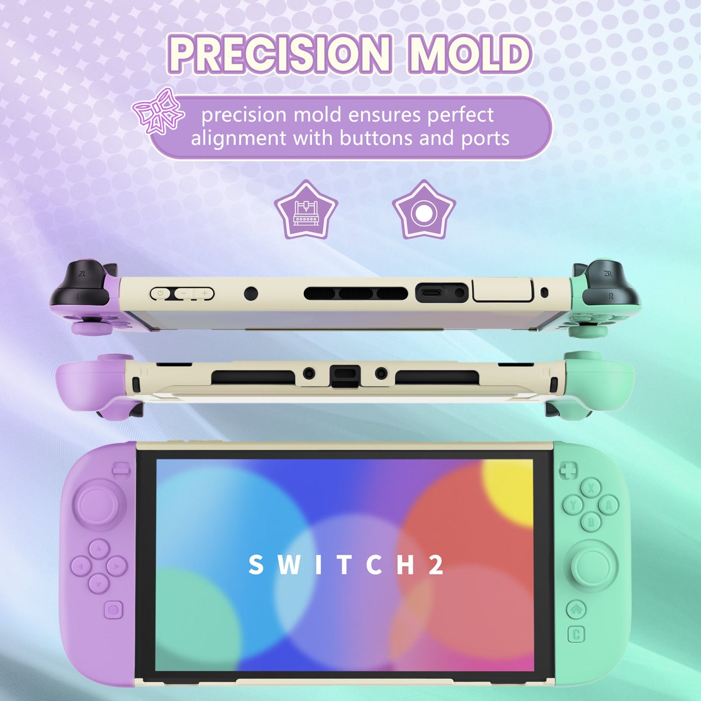 PlayVital Cute Solid-Color Dockable Hard Protective Case for Nintendo Switch 2 with Thumb Grip & Sticker & Button Caps - Soft Violet & Mint Green PlayVital