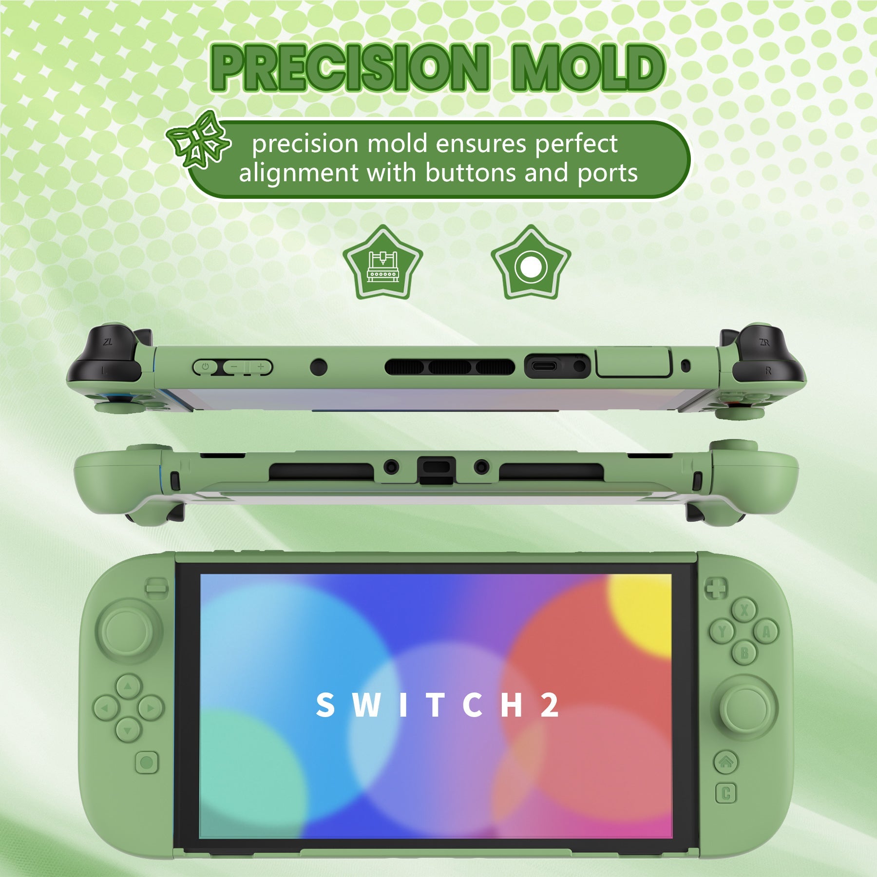 PlayVital Cute Solid-color Dockable Hard Protective Case for Nintendo Switch 2 with Thumb Grip & Sticker & Button Caps - Matcha Green PlayVital