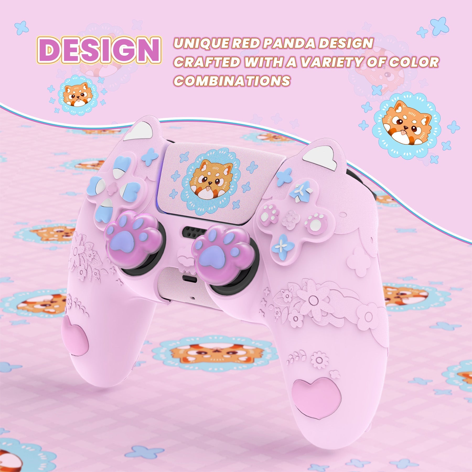 PlayVital Cute Spring Lesser Panda Silicone Cover with Joystick Cap and Sticker for PS5 Controller, Compatible with Charging Station - Cotton Candy Pink PlayVital