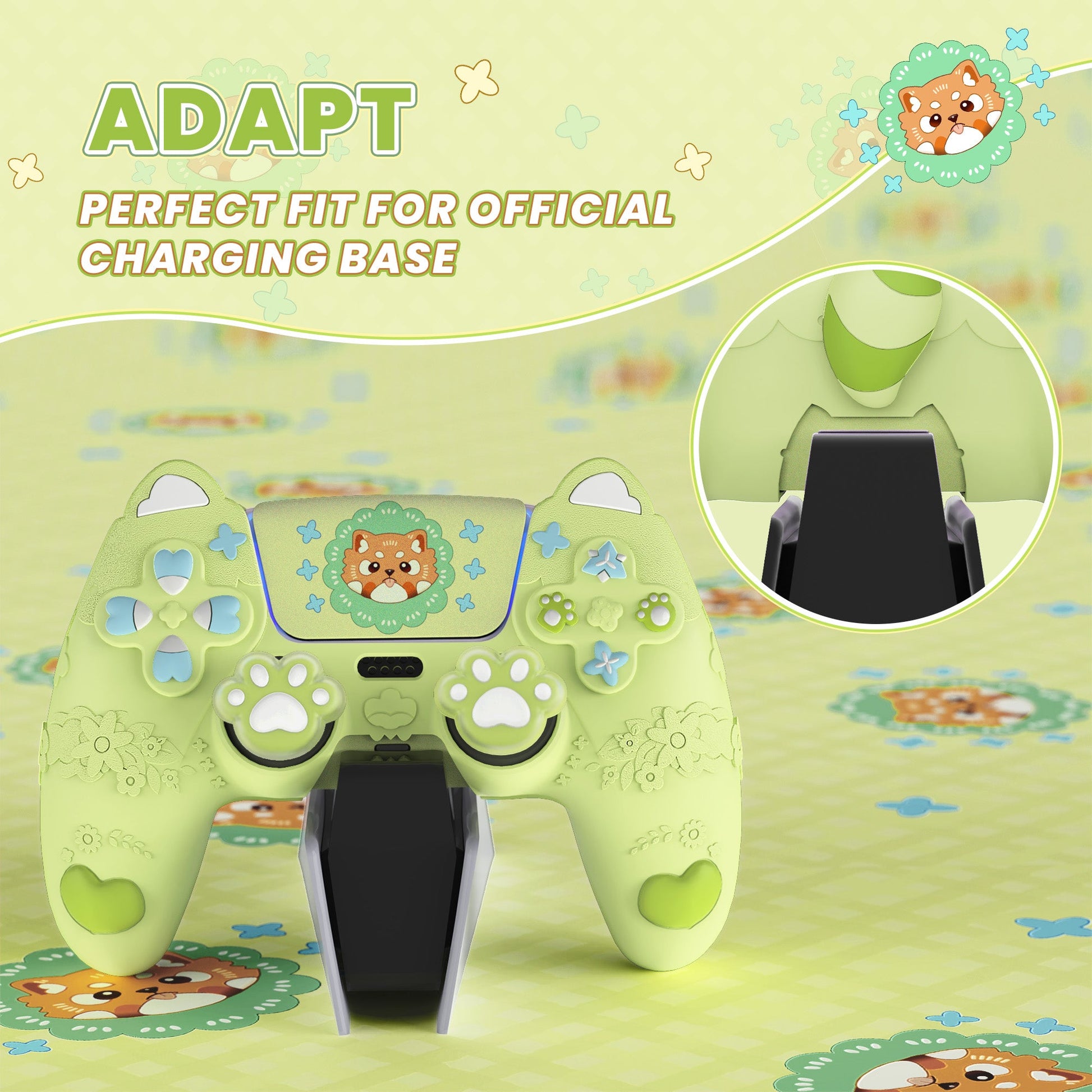 PlayVital Cute Spring Lesser Panda Silicone Cover with Joystick Cap and Sticker for PS5 Controller, Compatible with Charging Station - Eustoma Green PlayVital