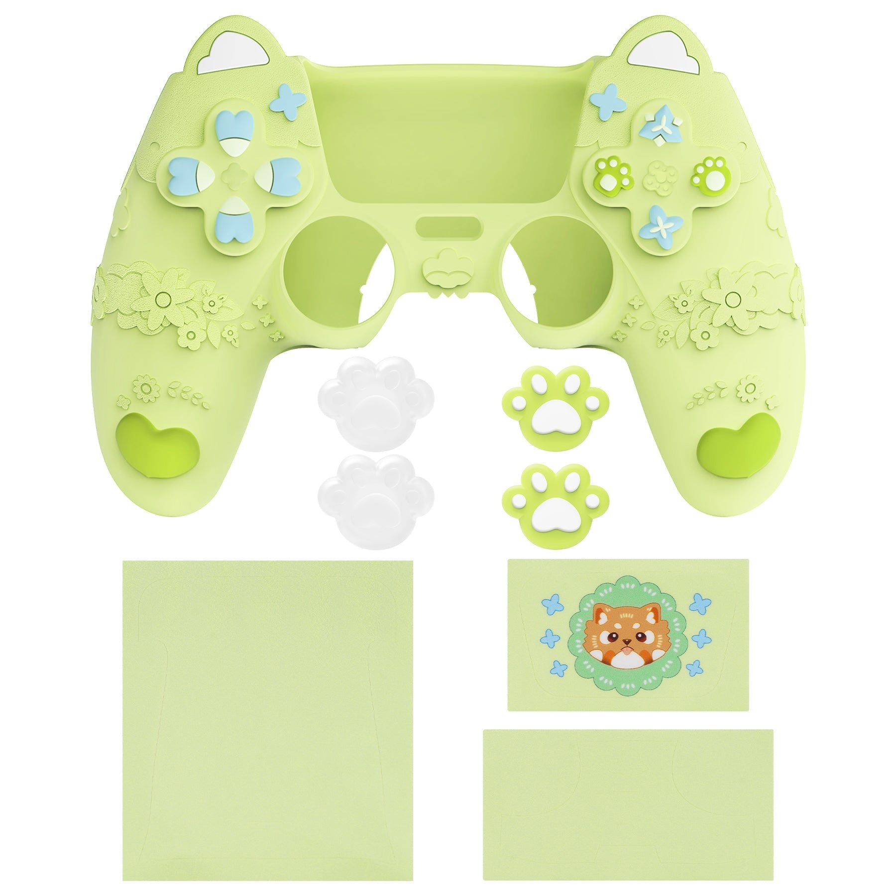 PlayVital Cute Spring Lesser Panda Silicone Cover with Joystick Cap and Sticker for PS5 Controller, Compatible with Charging Station - Eustoma Green PlayVital