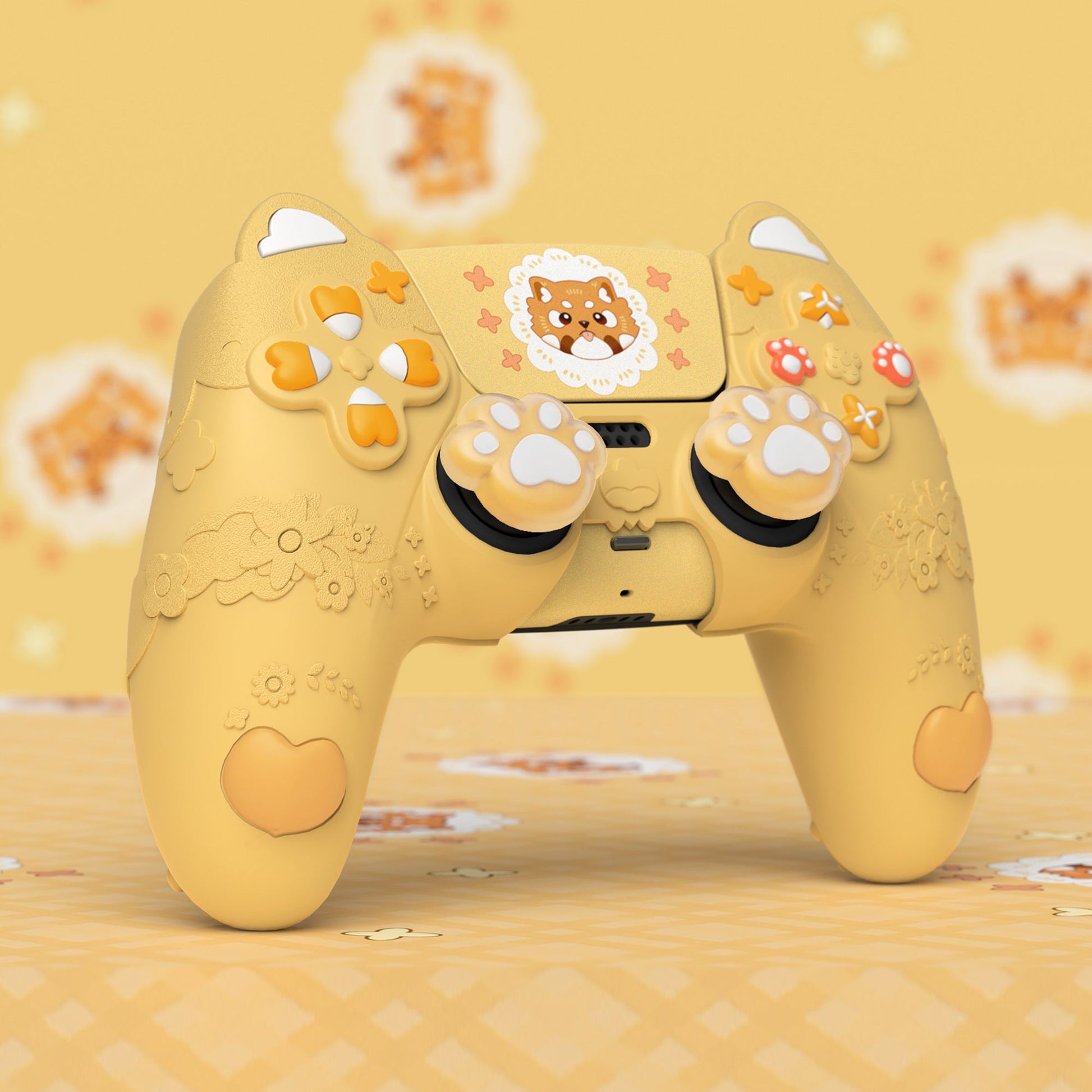 PlayVital Cute Spring Lesser Panda Silicone Cover with Joystick Cap and Sticker for PS5 Controller, Compatible with Charging Station - Warm Yellow PlayVital