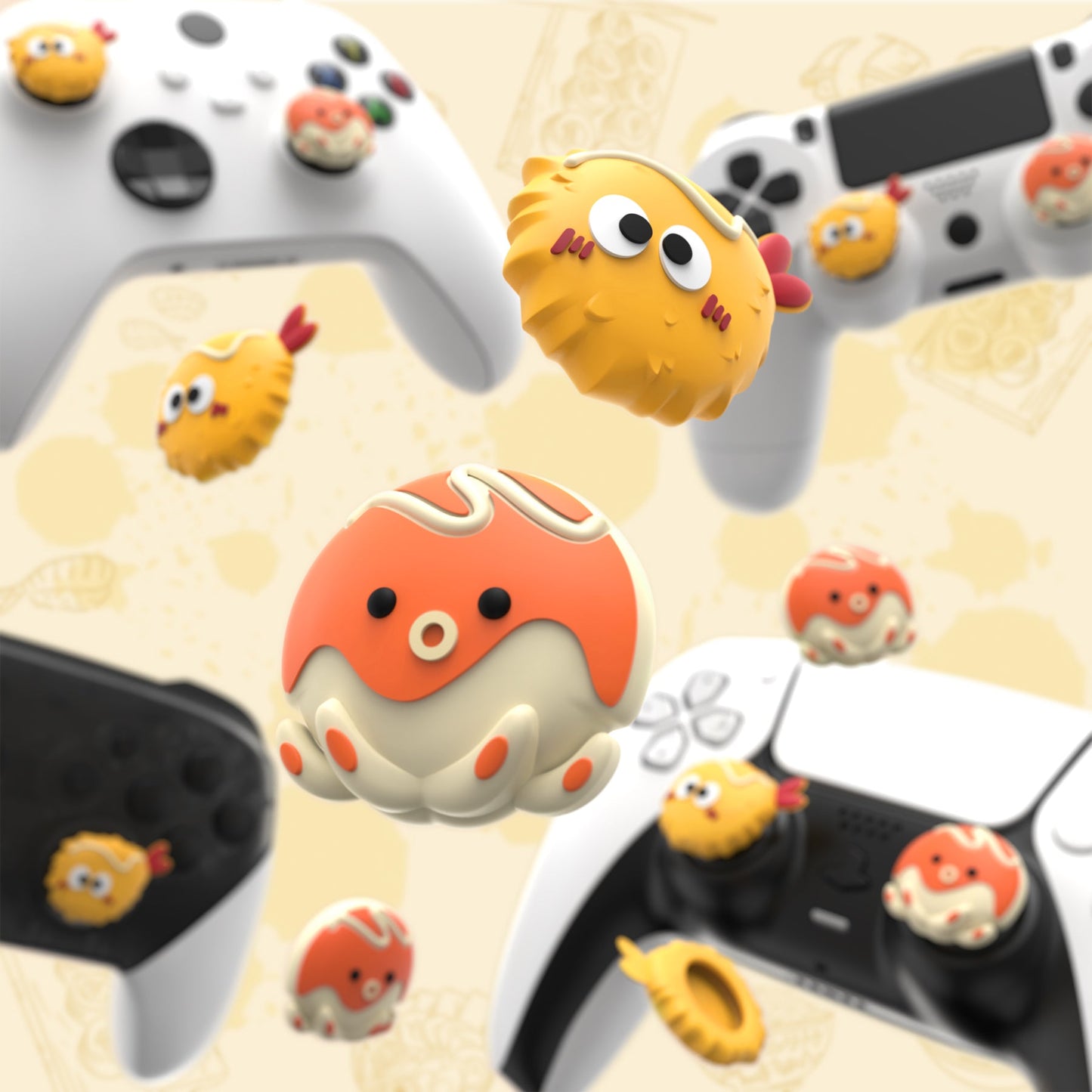 PlayVital Cute Thumb Grip Caps for PS5 & PS4 & Xbox Series X/S & Switch Pro Controller - Tempura and Takoyaki PlayVital