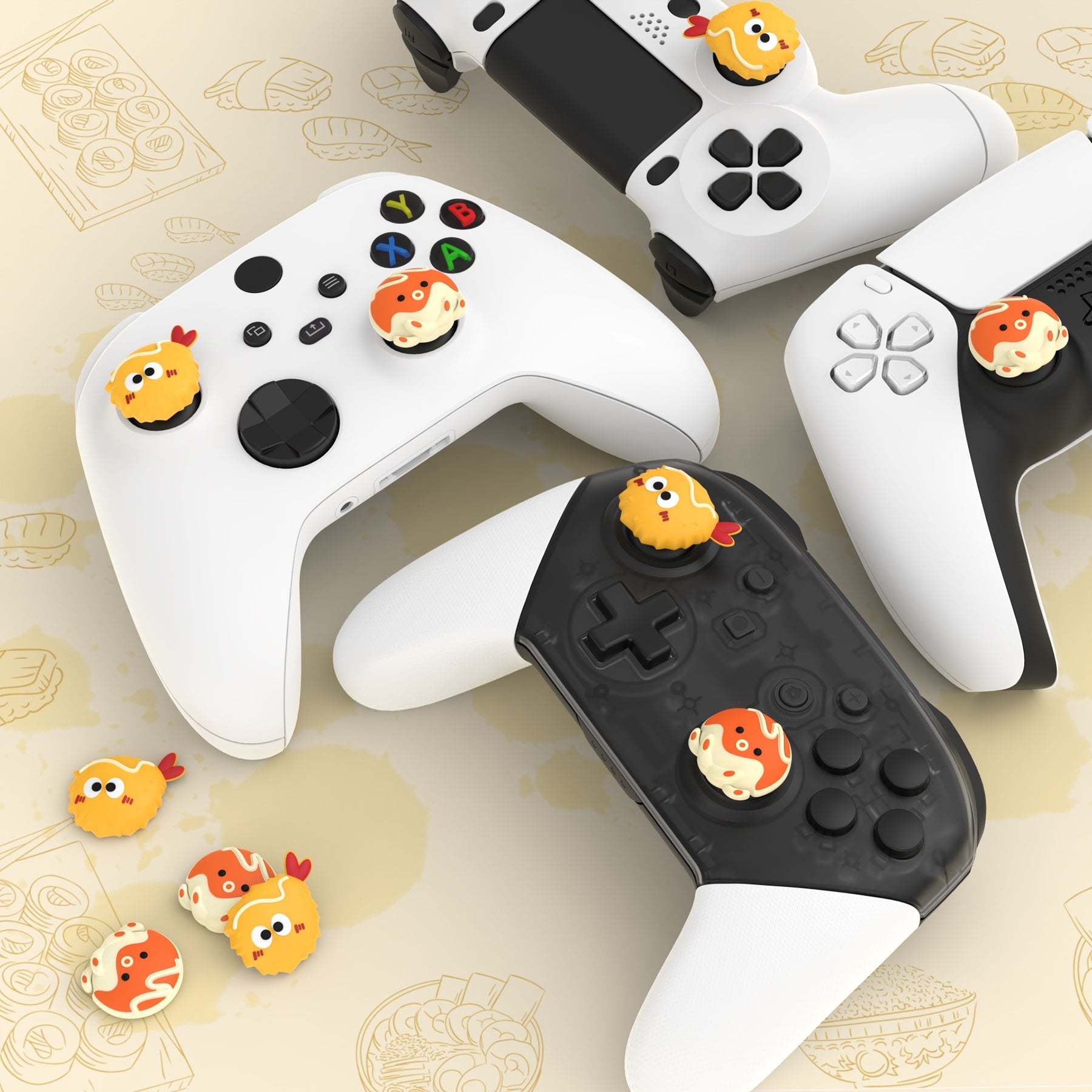PlayVital Cute Thumb Grip Caps for PS5 & PS4 & Xbox Series X/S & Switch Pro Controller - Tempura and Takoyaki PlayVital