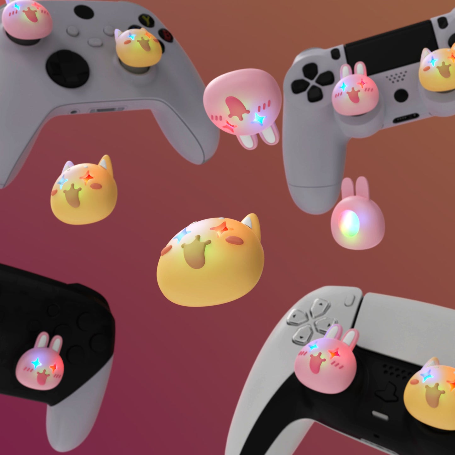 PlayVital Cute Universal Illuminated LED Thumbstick Grips for ps5 & ps4 & Xbox Series X/S & Xbox One & Switch Pro Controller - Cheeky Bunny & Puppy PlayVital